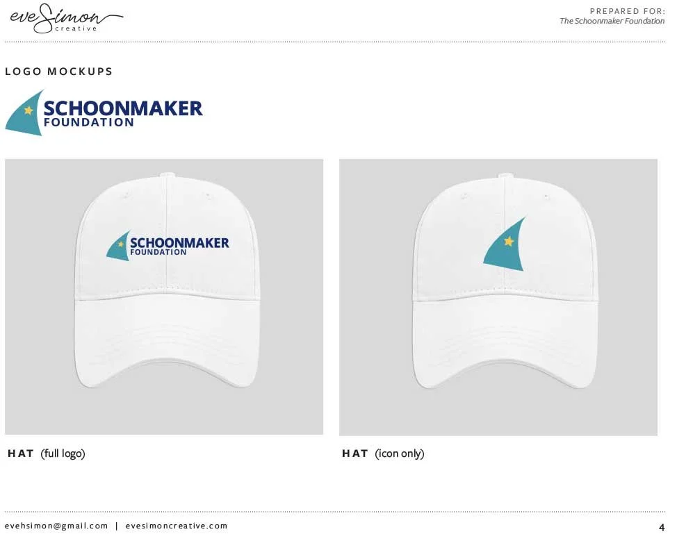 White baseball cap with the Schoonmaker Foundation logo, featuring a blue sailboat with a yellow star, shown both with the full logo and icon only.