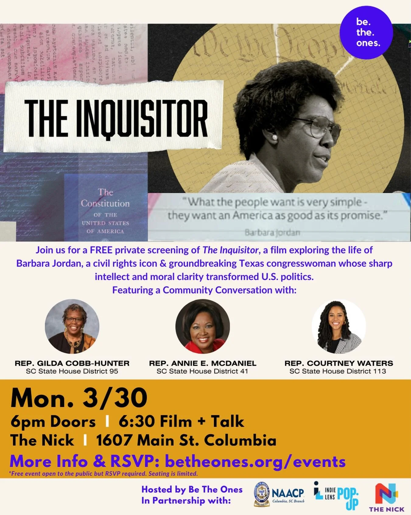In a moment like this, stories like this matter. 

Join us for a free screening of The Inquisitor - a film exploring the life, leadership, and legacy of Barbara Jordan - followed by a powerful community conversation with SC State House Representative