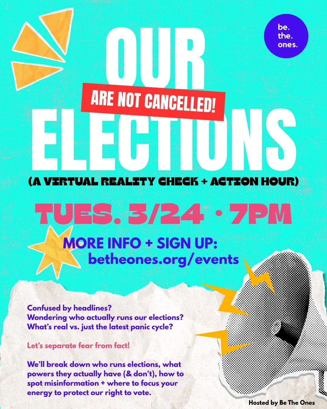 There&rsquo;s a lot of noise right now.
A lot of headlines. A lot of fear.

Let&rsquo;s pause and get grounded - together.

TOMORROW - Tuesday, March 24th
7pm 
Sign up: betheones.org/events (and 🔗 in bio)

In this 60-minute virtual space, we&rsquo;l