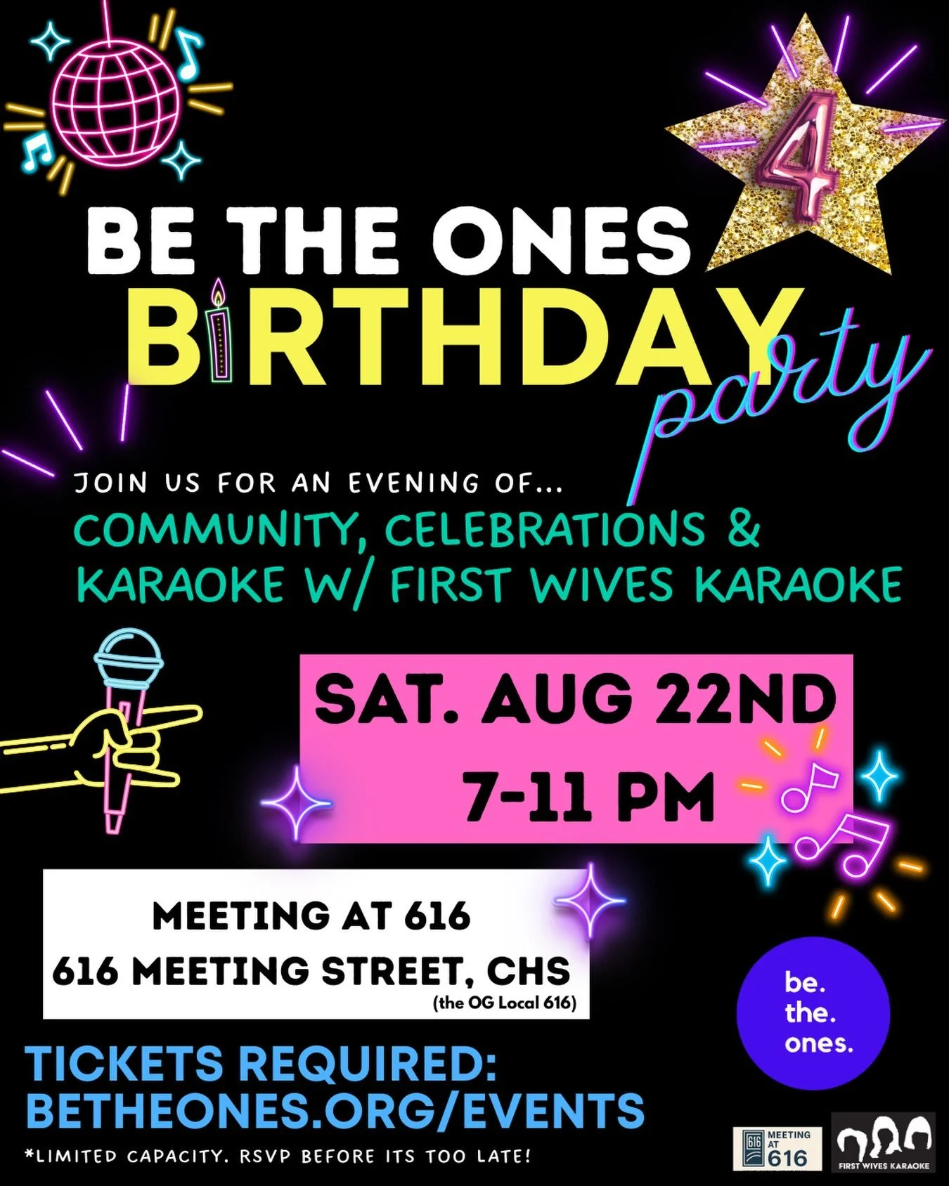 🎤 SATURDAY! 🎤 TURN THE MIC UP ... it&rsquo;s our
FOURTH BIRTHDAY PARTY! 🥳 

Get your 🎟️: betheones.org/events

Karaoke, community, and ✨chaotic joy ✨ with our OG faves and friends - First Wives Karaoke. @firstwiveskaraoke 🎤 🪩 🎉

Sat. Aug 22nd 