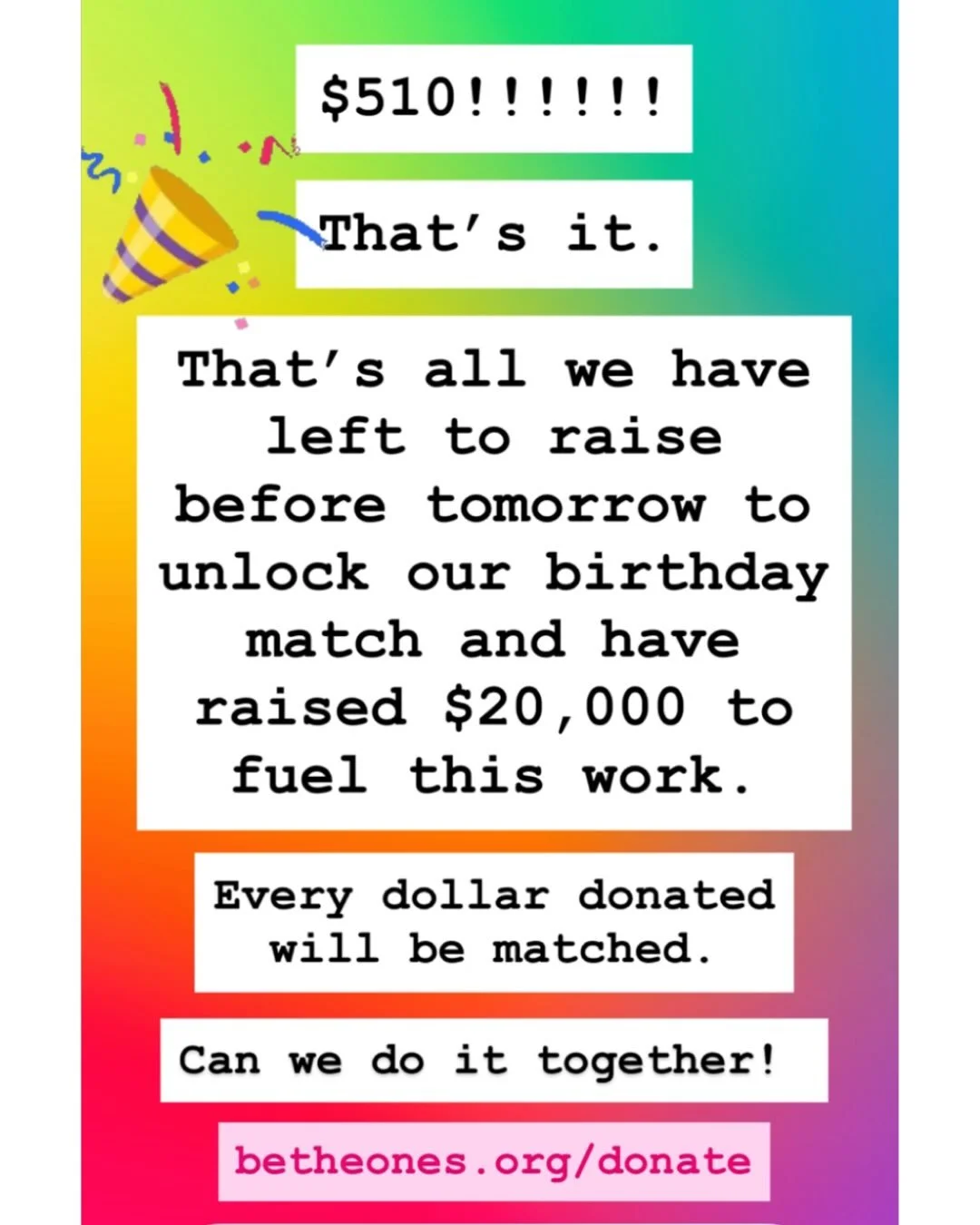 🎉 We&rsquo;re so close!!!! Just $510 to go before tonorrow to unlock our Birthday Match giving us $20,000 to fuel this work. Every dollar donated means so much to us. To make your gift: 👉 betheones.org/donate or by Venmo 👉 @ letsbetheones 🎉