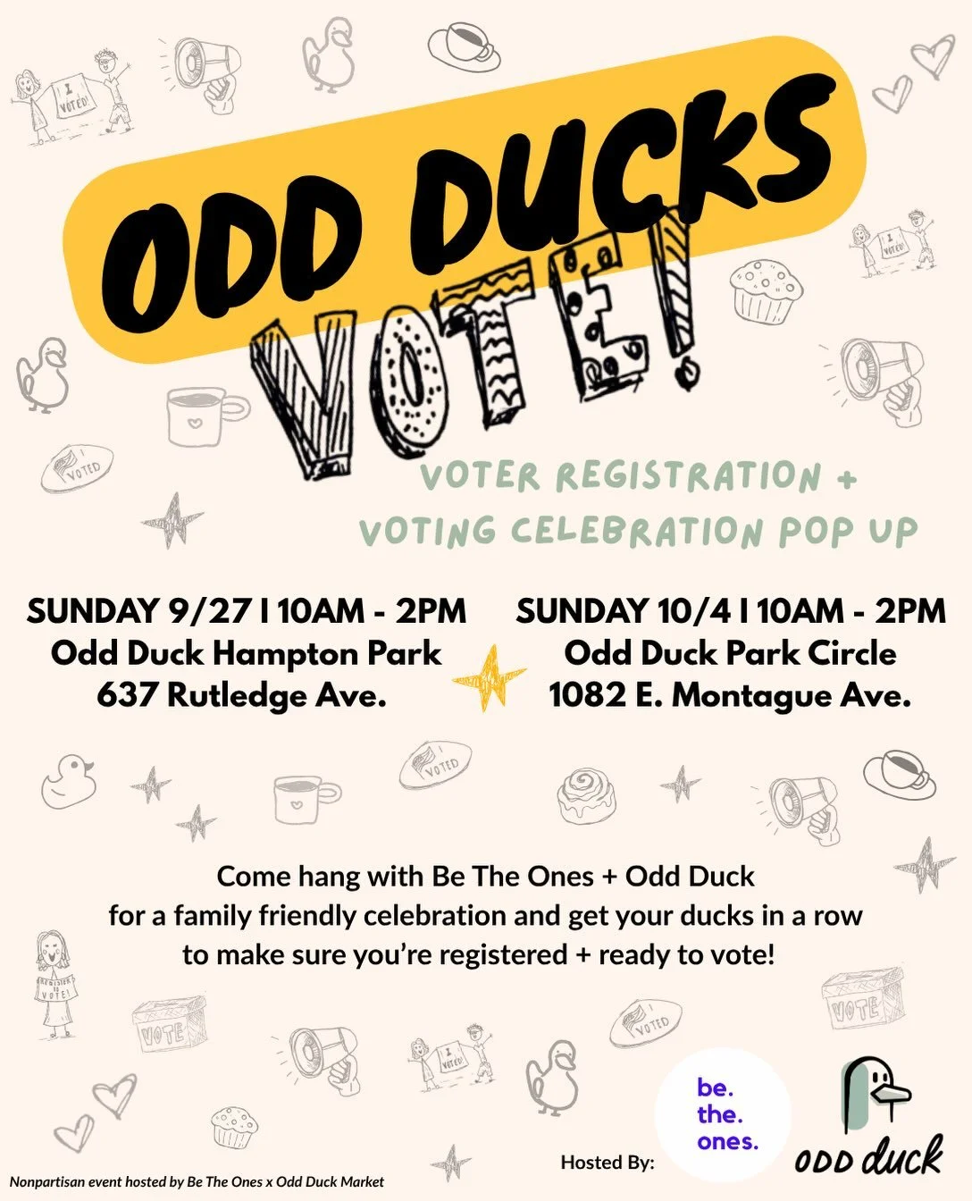 🦆☕ Charleston, it&rsquo;s time to get our ducks in a row.
Be The Ones x Odd Duck are teaming up to bring you ODD DUCKS VOTE: a voter registration + voting celebration pop-up fueled by good coffee, good people, and an irresponsible number of duck pun