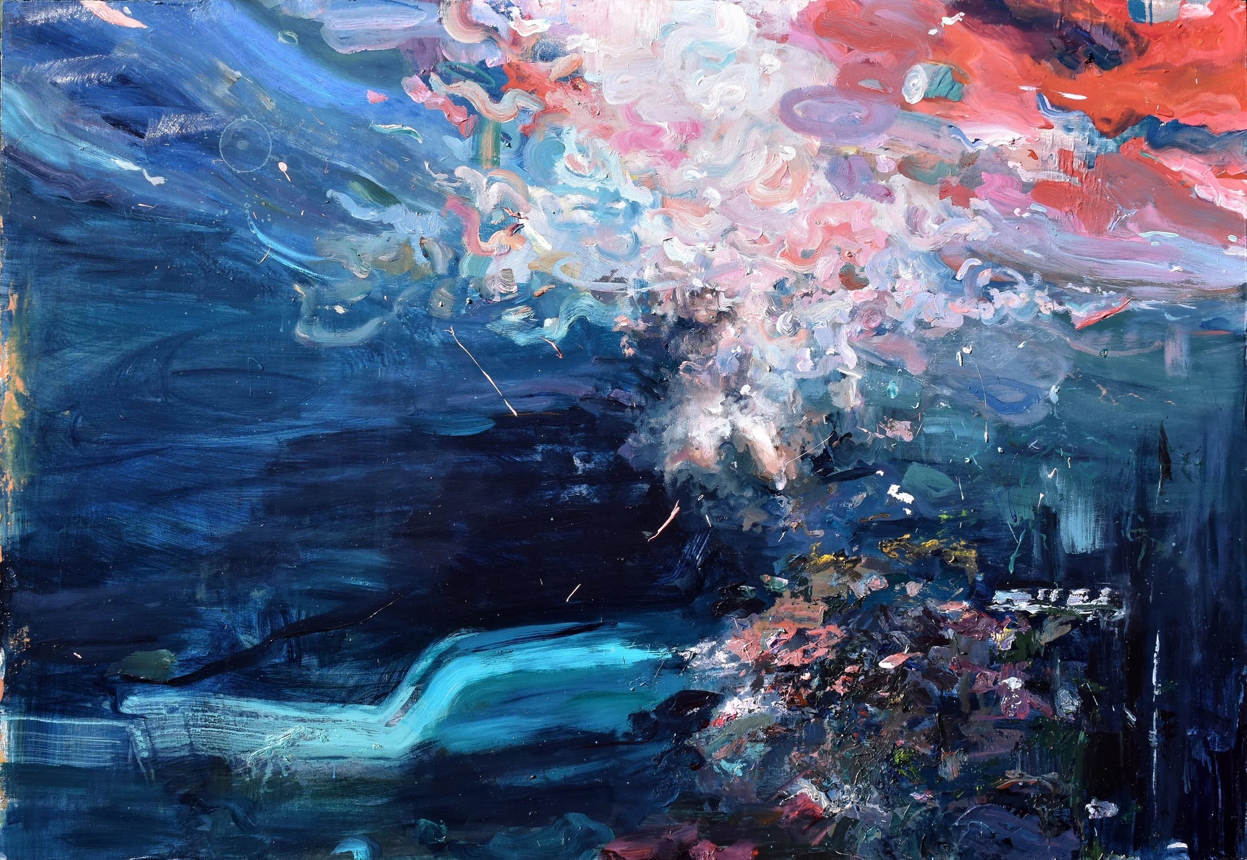 acrylic painting of underwater scene with waves and human figure
