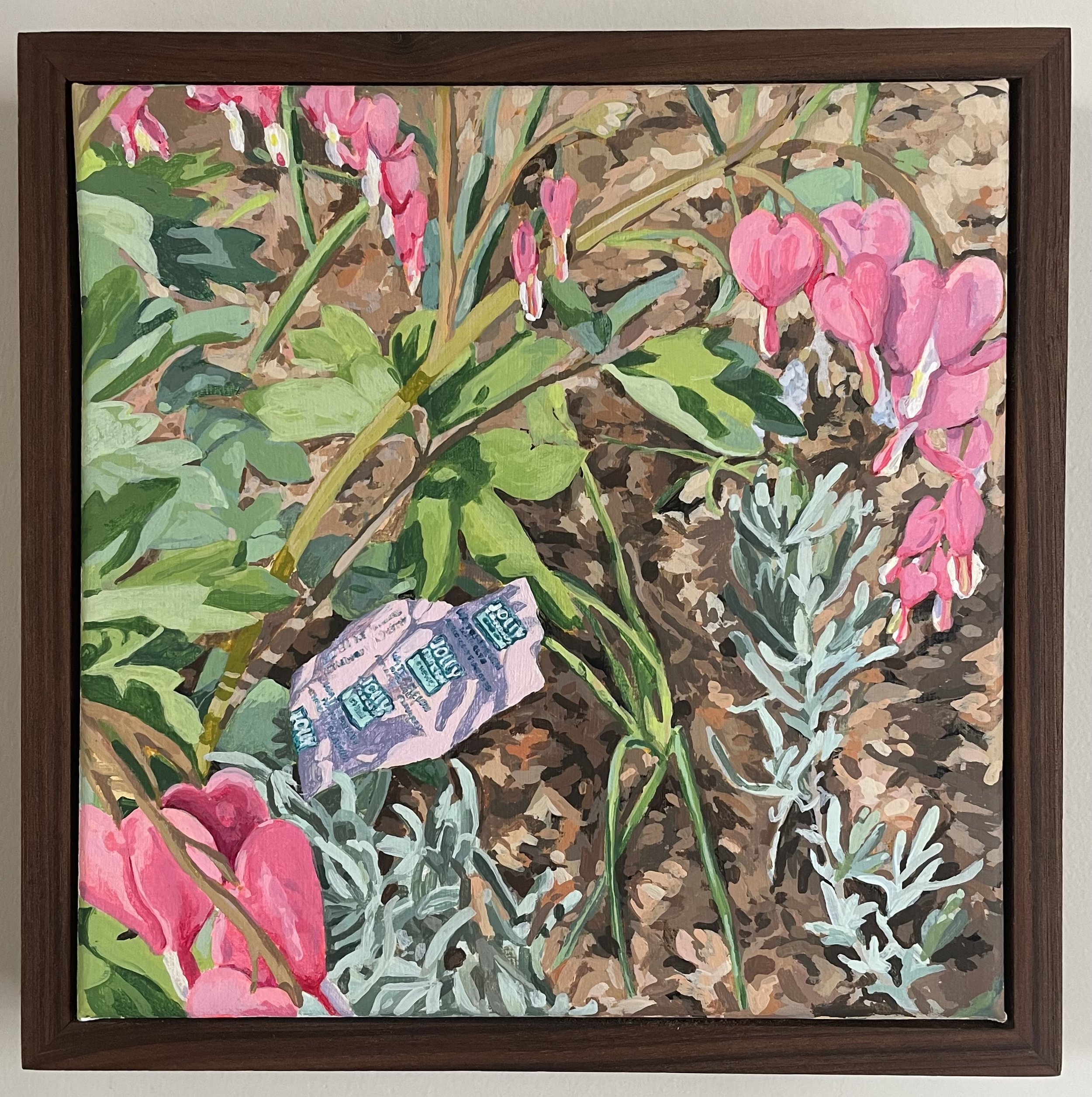 "Jolly Rancher Chews and Bleeding Hearts", Acrylic on Canvas with Maple Frame, 9" x 9", 2023
