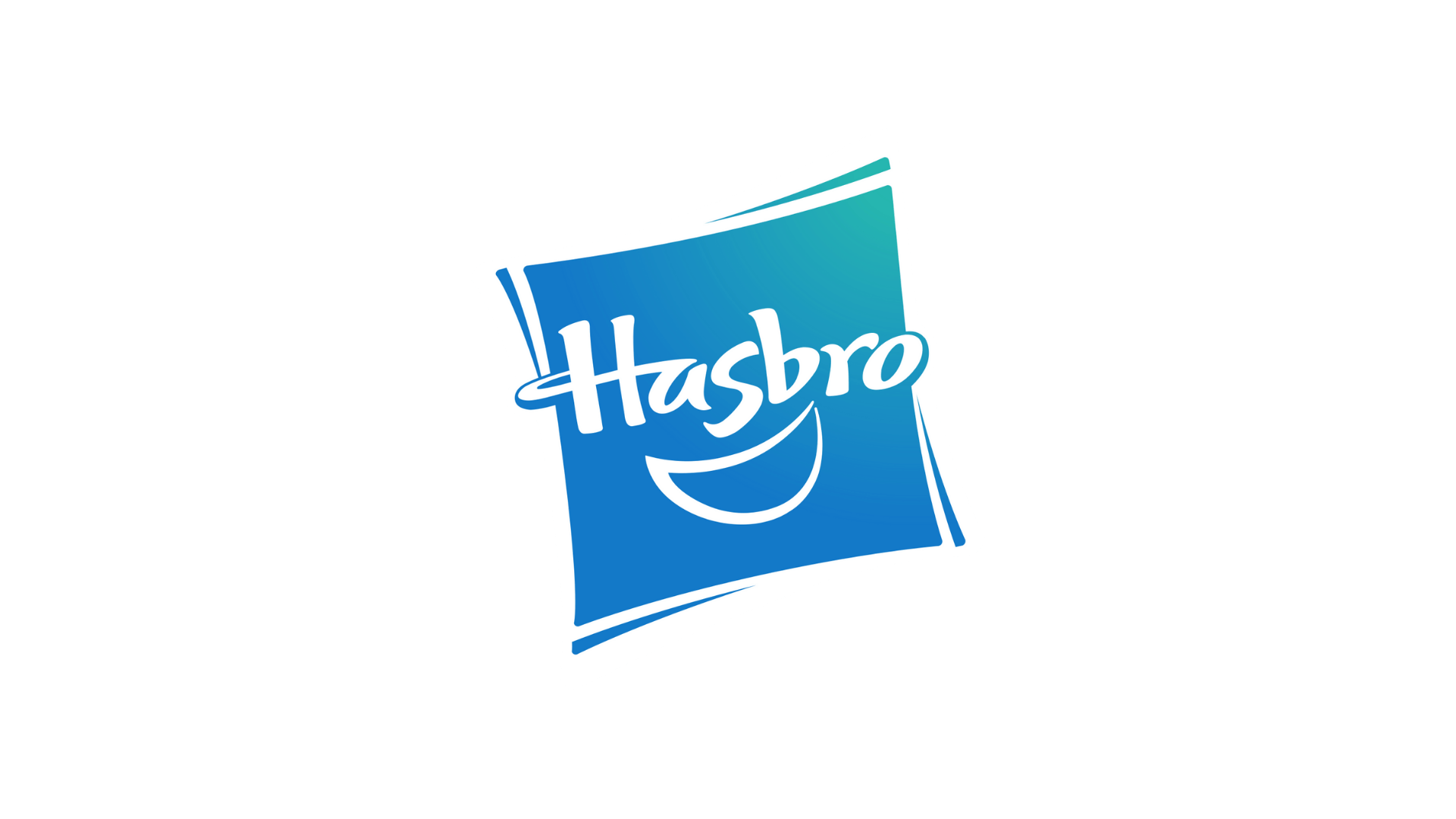 Hasbro logo featuring a blue and teal background with the word 'Hasbro' written in white, stylized text, and a smiling face incorporated into the design.