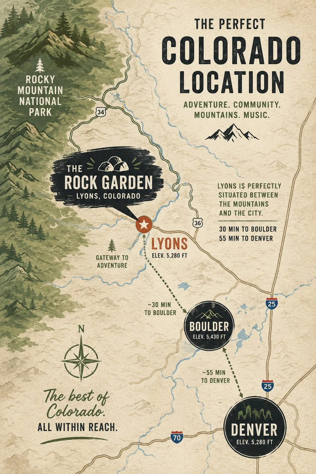 Map of the Rock Garden event space location in Lyons, Co
