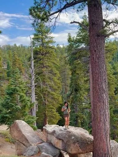 A woman standing on a large rock in a forest with tall pine trees and a partly cloudy sky.