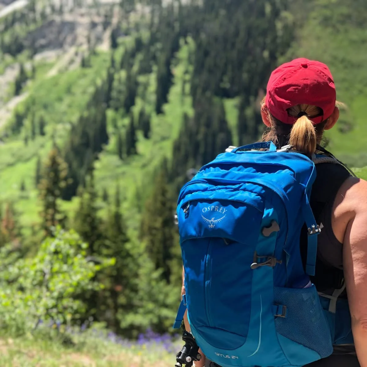 A woman with a red cap and a blue Osprey backpack looking at a scenic green forested landscape.