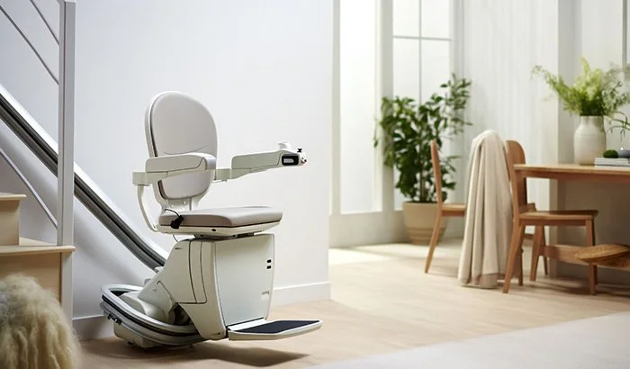 A Chairlift In A Home, Providing Mobility Assistance On Stairs, With A Chair For Comfortable Transportation