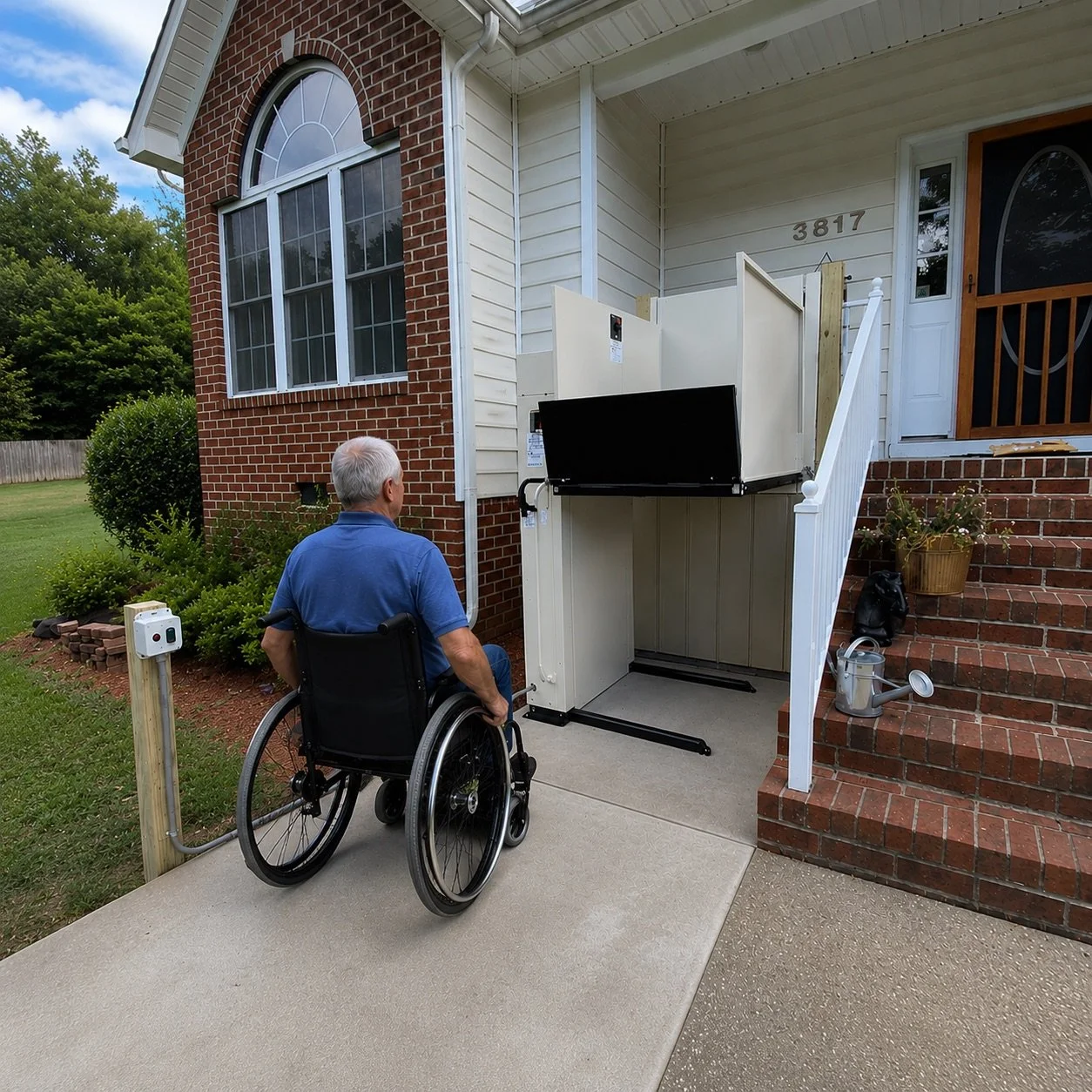 Senior man in a wheelchair approaching an outdoor vertical platform lift beside front porch brick stairs.