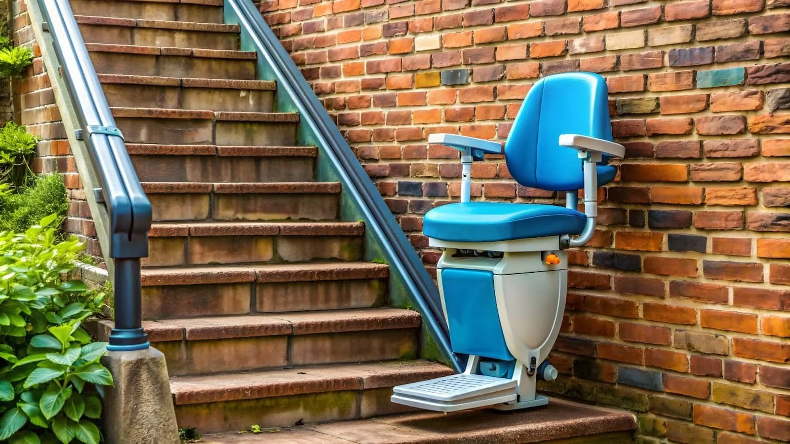 A blue stairlift chair is installed on a brick staircase with a metal handrail, surrounded by a brick wall and greenery.