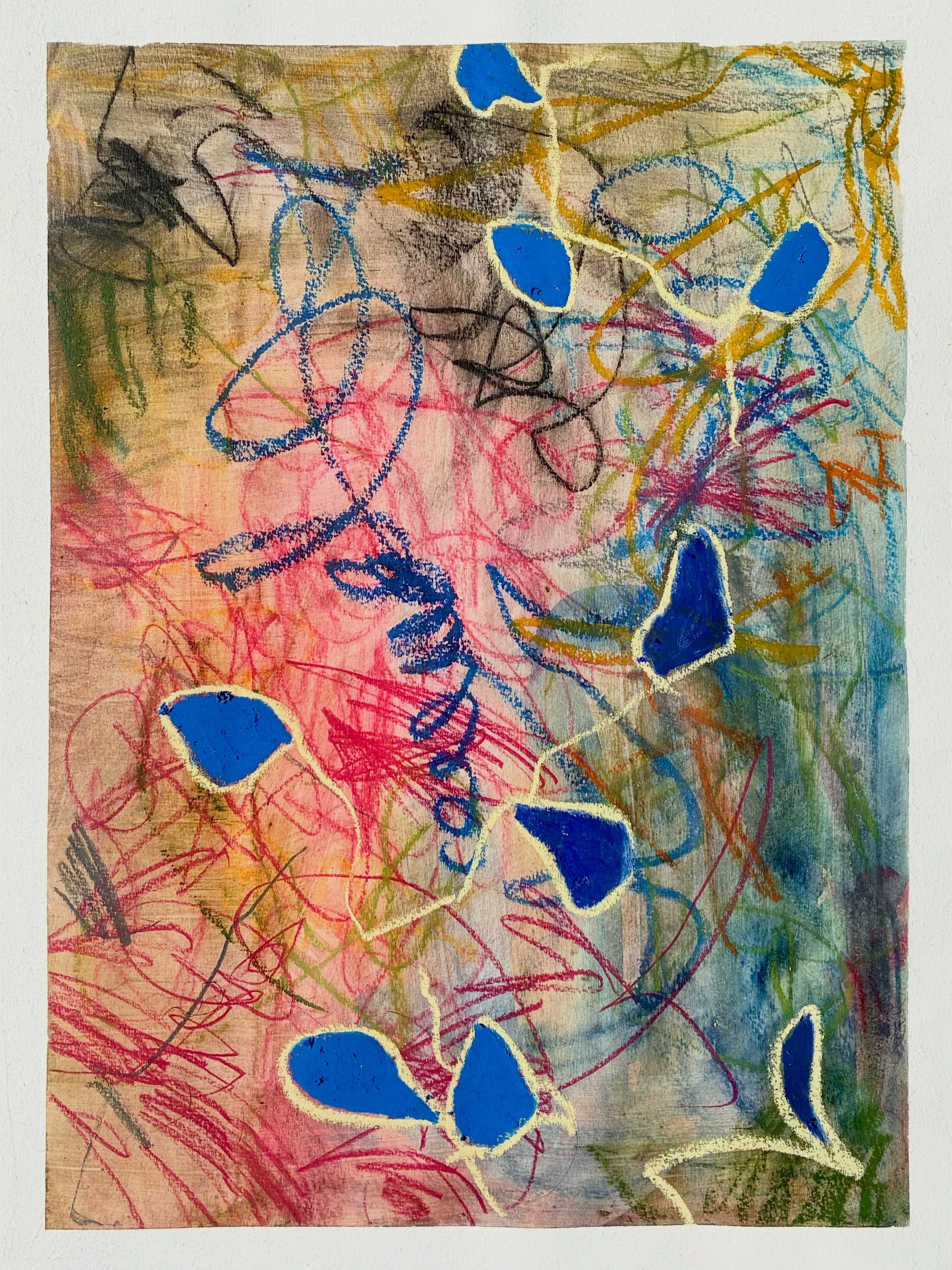  Shapes 2 , 2026. Oil pastel, pencil crayon, watercolour, and soy sauce on paper, 16" x 12". 