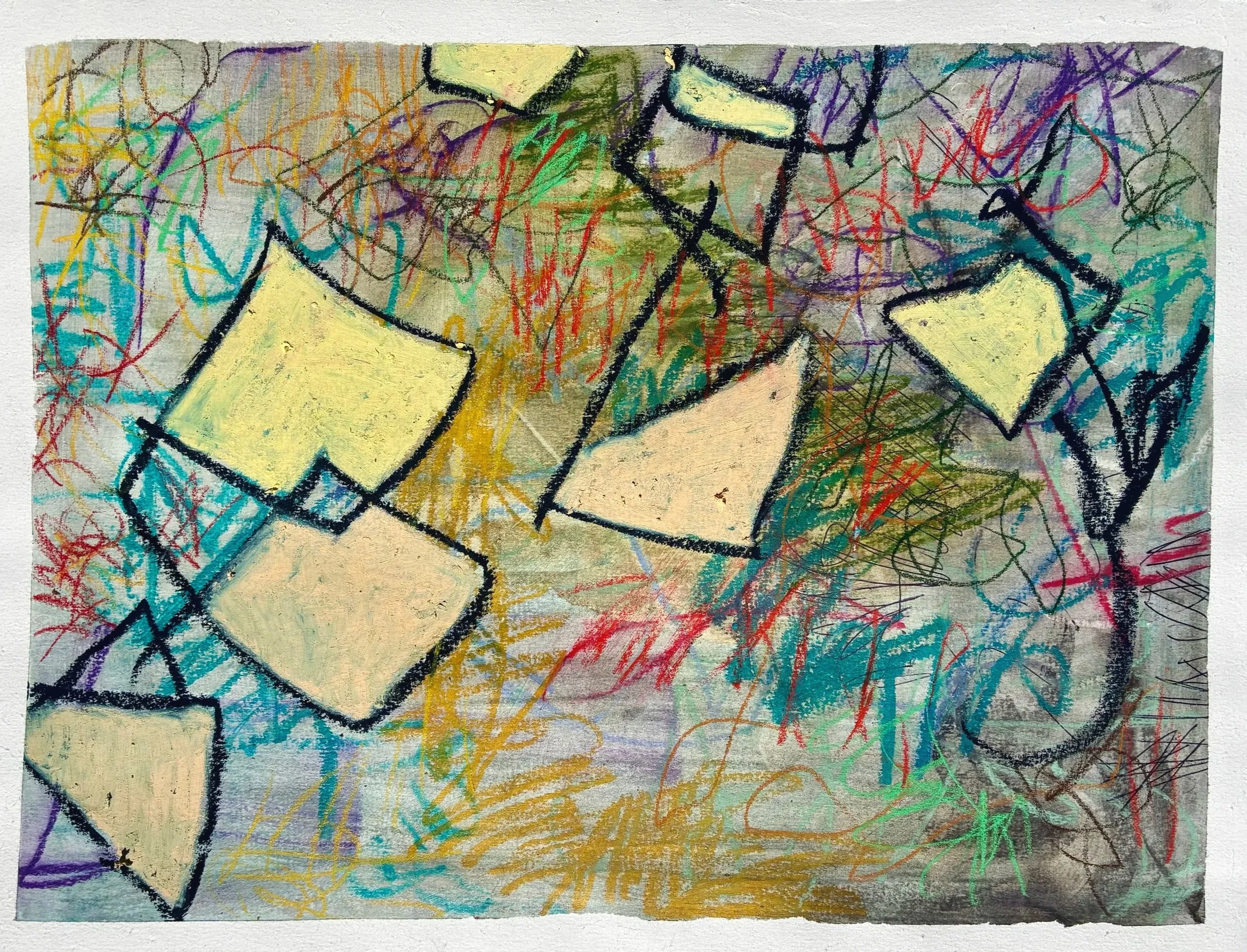  Shapes 1 , 2026. Oil pastel, pencil crayon, watercolour, and soy sauce on paper, 12" x 16". 