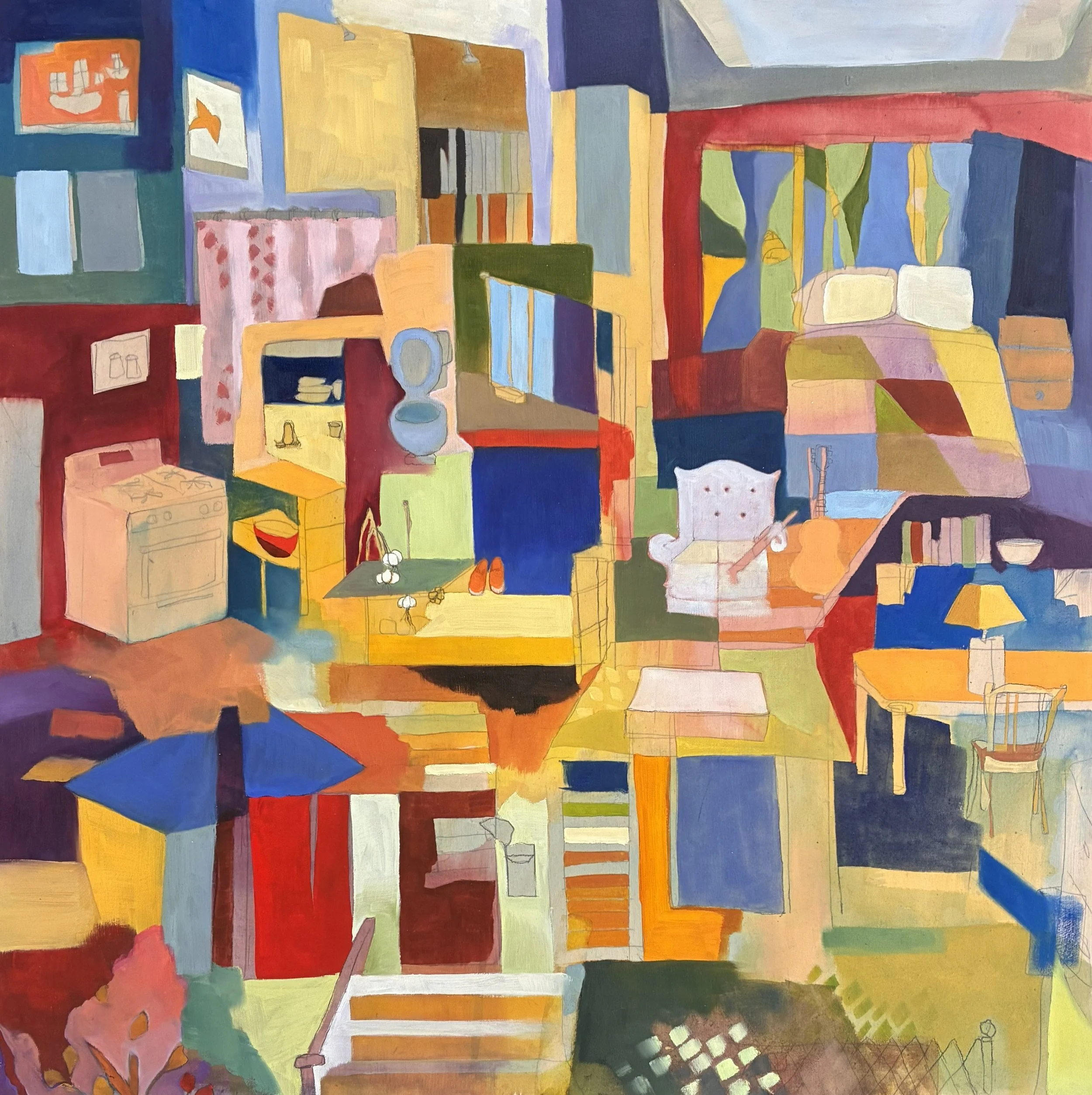  Remembering/Forgetting Richdale , 2025. Gouache and oil on birch plywood, 24" x 24". 