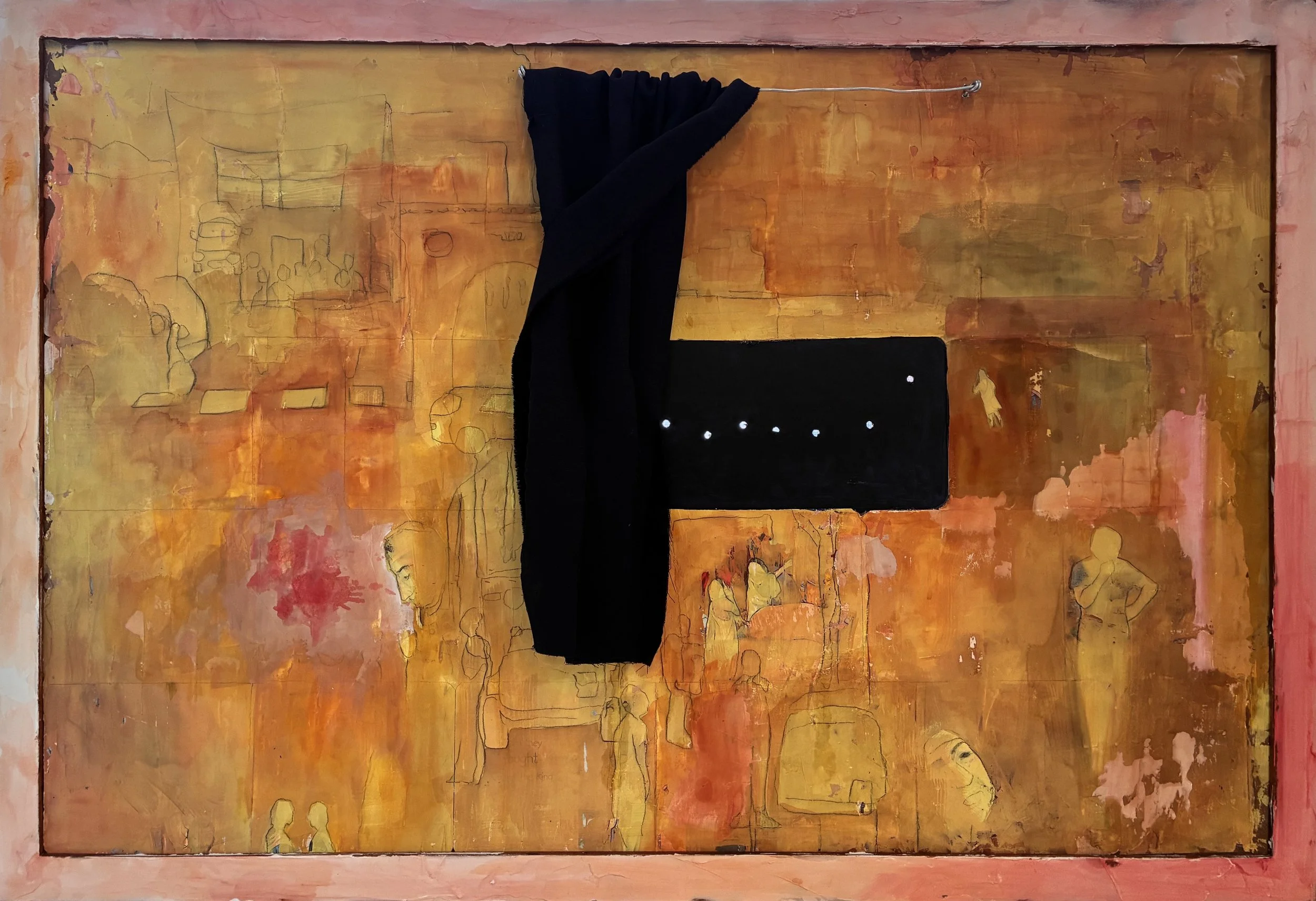  In a Time of Danger (Hanukkah) , 2025. Children's book, drywall joint compound, graphite, gouache, fabric, wire, and reclaimed poster frame. 24" x 36." Open curtain view.