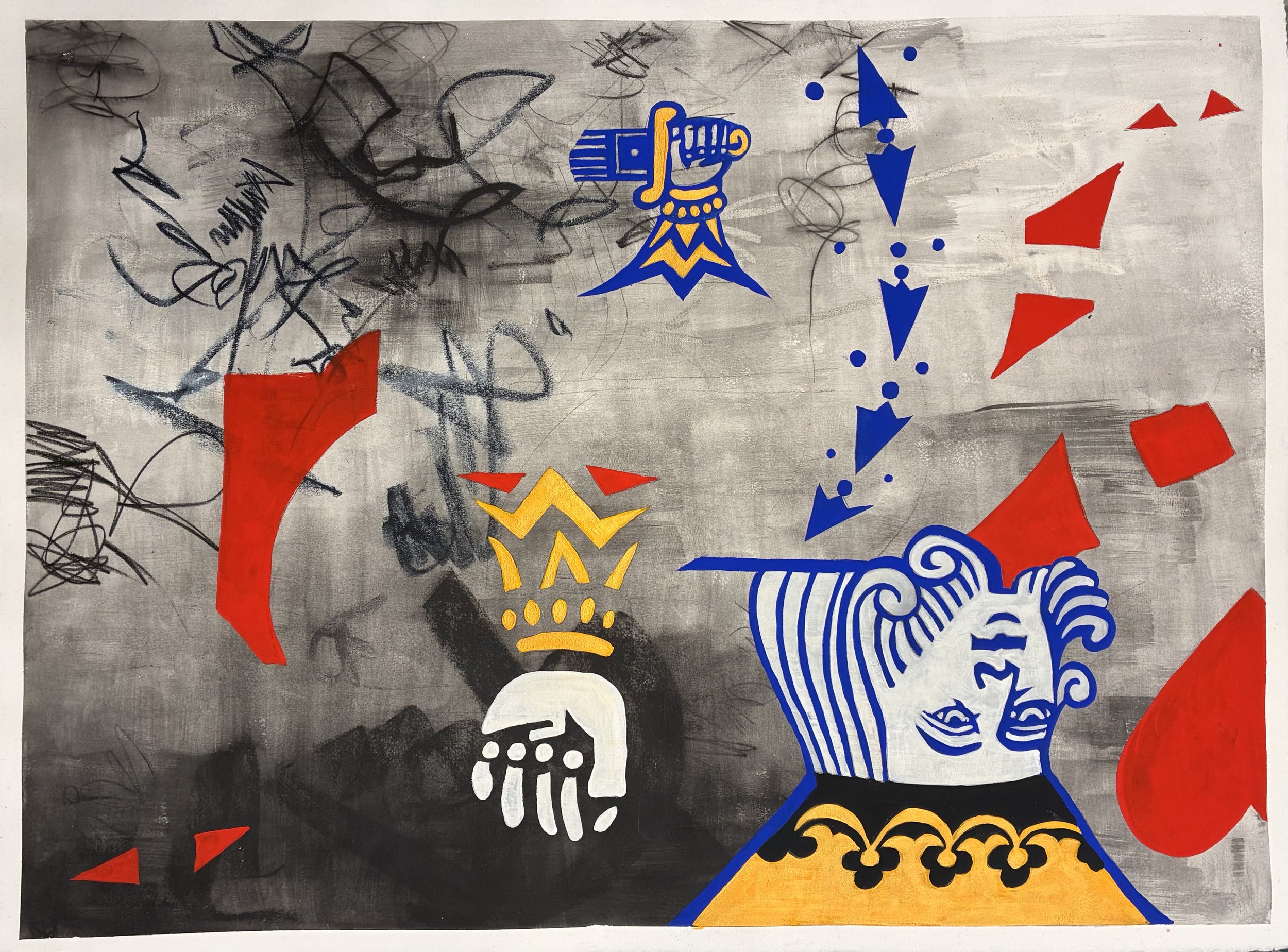  The King (Purim) , 2026. Charcoal and acrylic gouache on Rives BFK paper, 22" x 30".