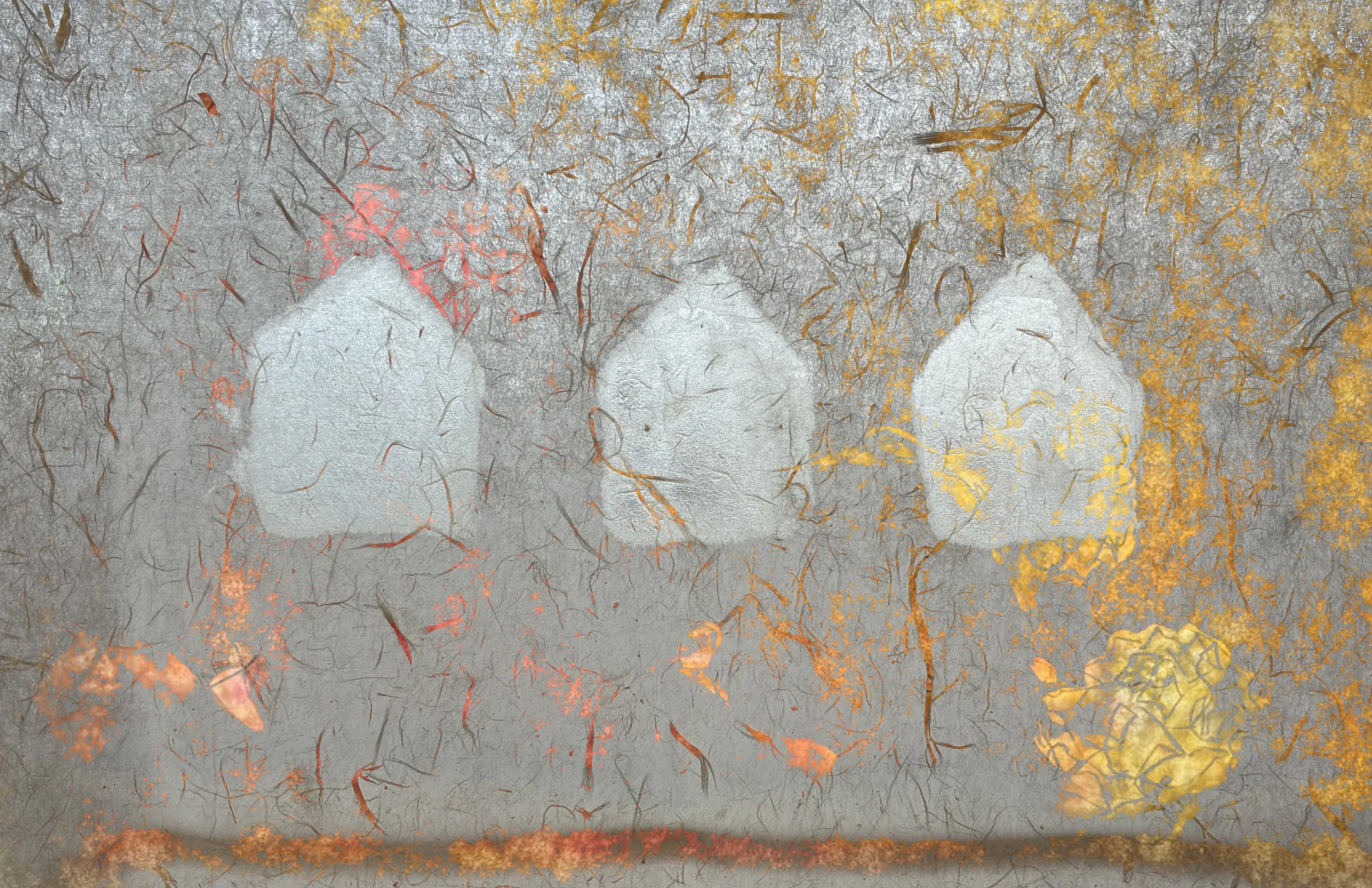  White Houses , 2025. Composite photograph of paintings made using Tyvek, newsprint, graphite, olive oil, oil pastel, and window light. 