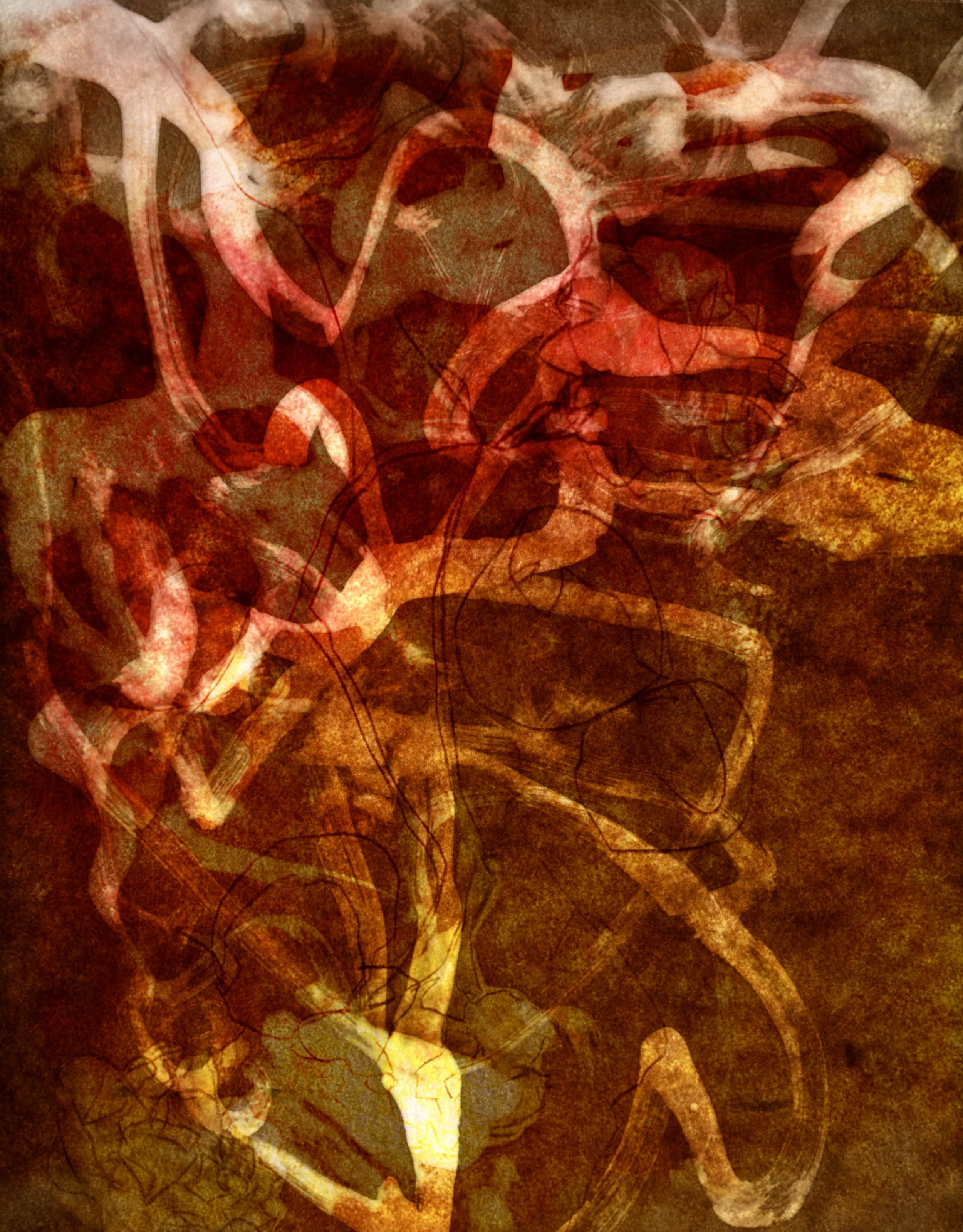  Bouquet , 2026. Digital photographic composite with newsprint, olive oil, oil pastel, graphite, and window light.