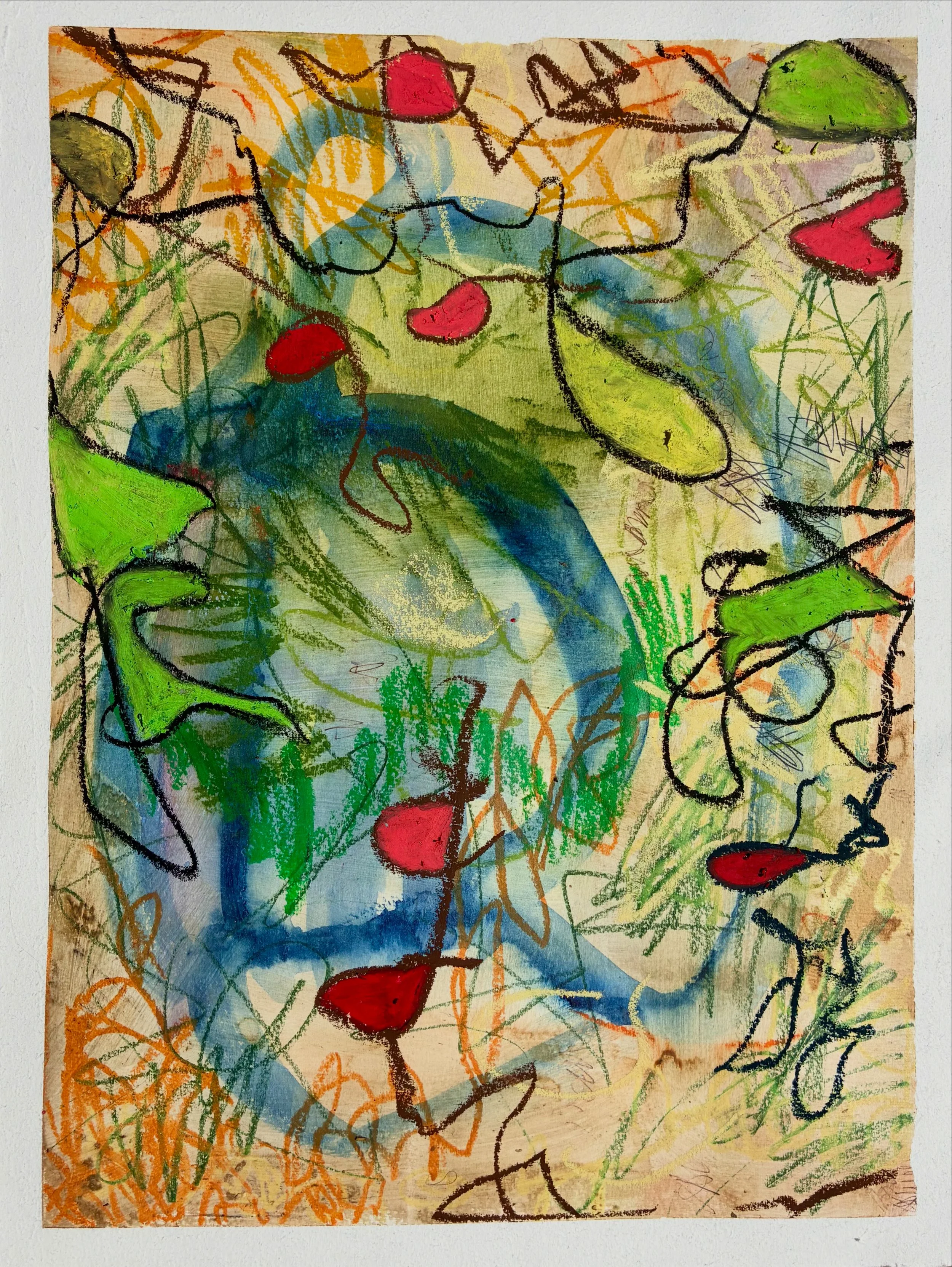  Shapes 2 , 2026. Oil pastel, pencil crayon, watercolour, and soy sauce on paper, 16" x 12". 