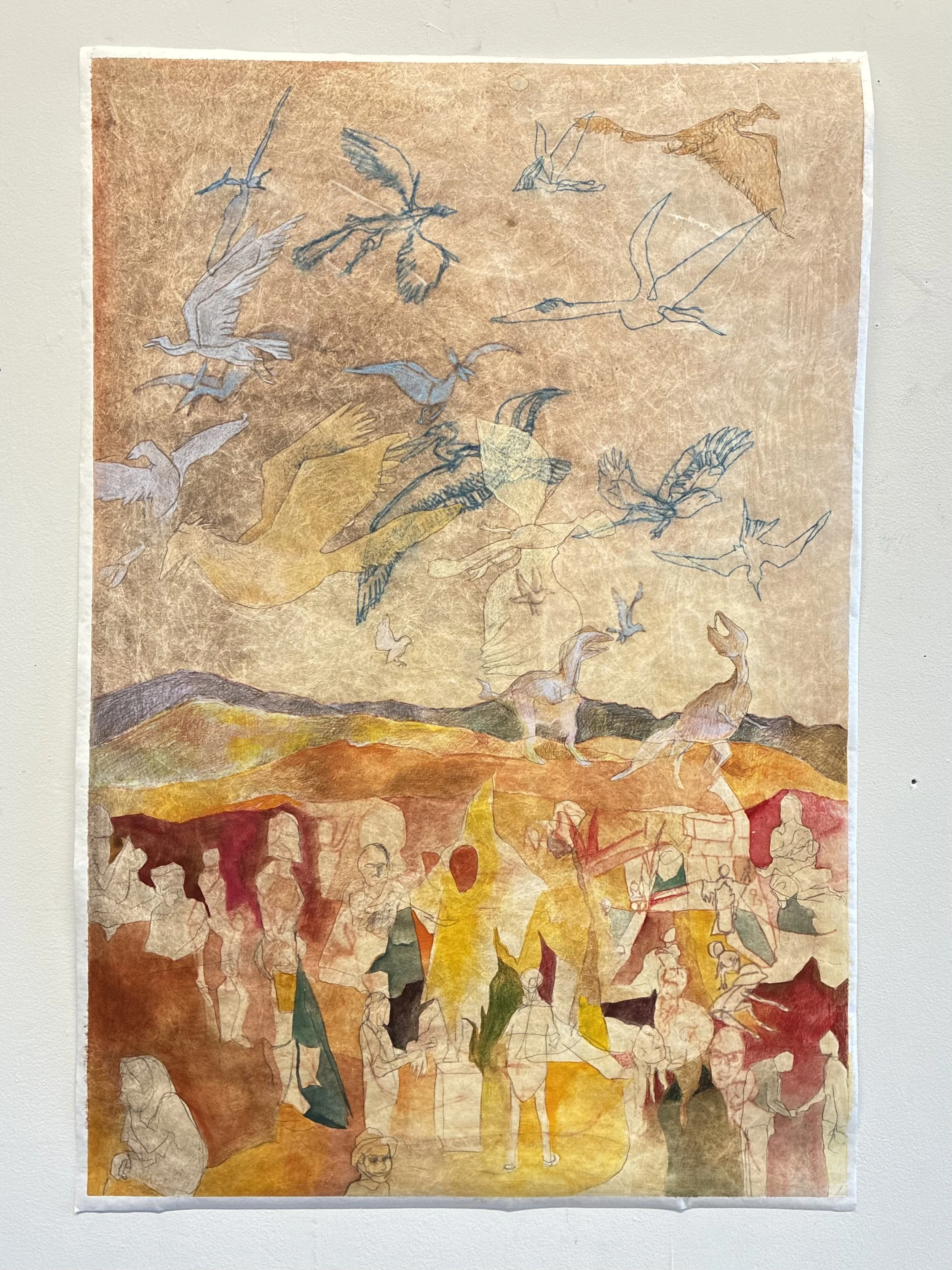 What Do the Birds Think , 2025. Gouache, watercolor, and colored pencil on Tyvek, 36" x 24".
This piece was inspired by and titled after the poem "What Do the Birds Think?" by my friend Aviva Zeldman (used with permission).