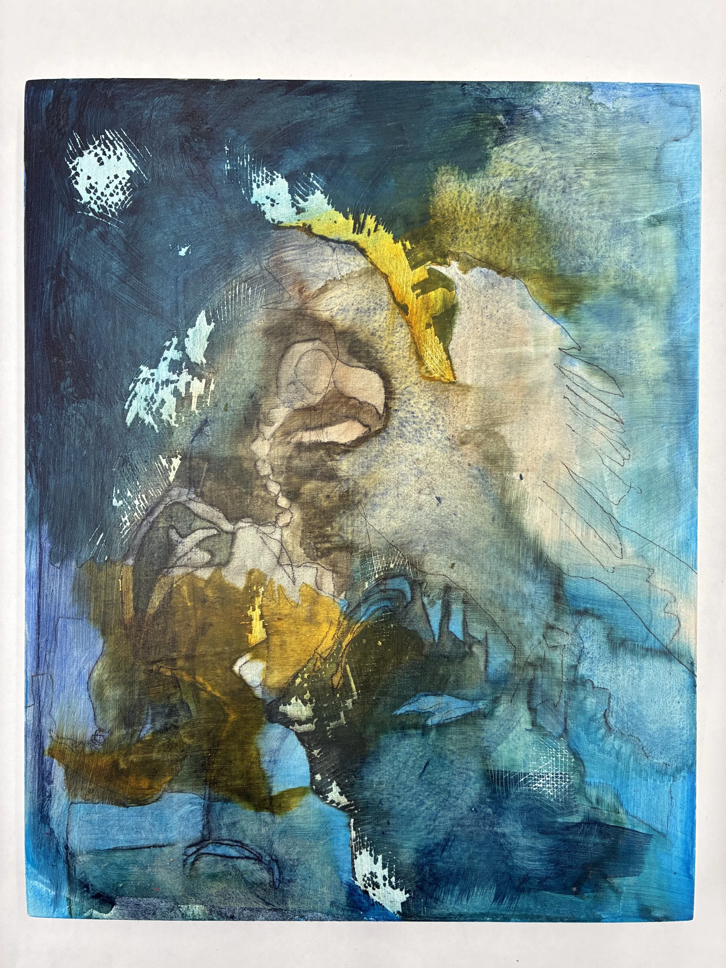  Archaeopteryx Fossil , 2025. Gouache, pencil, and acrylic on panel, 10" x 8".