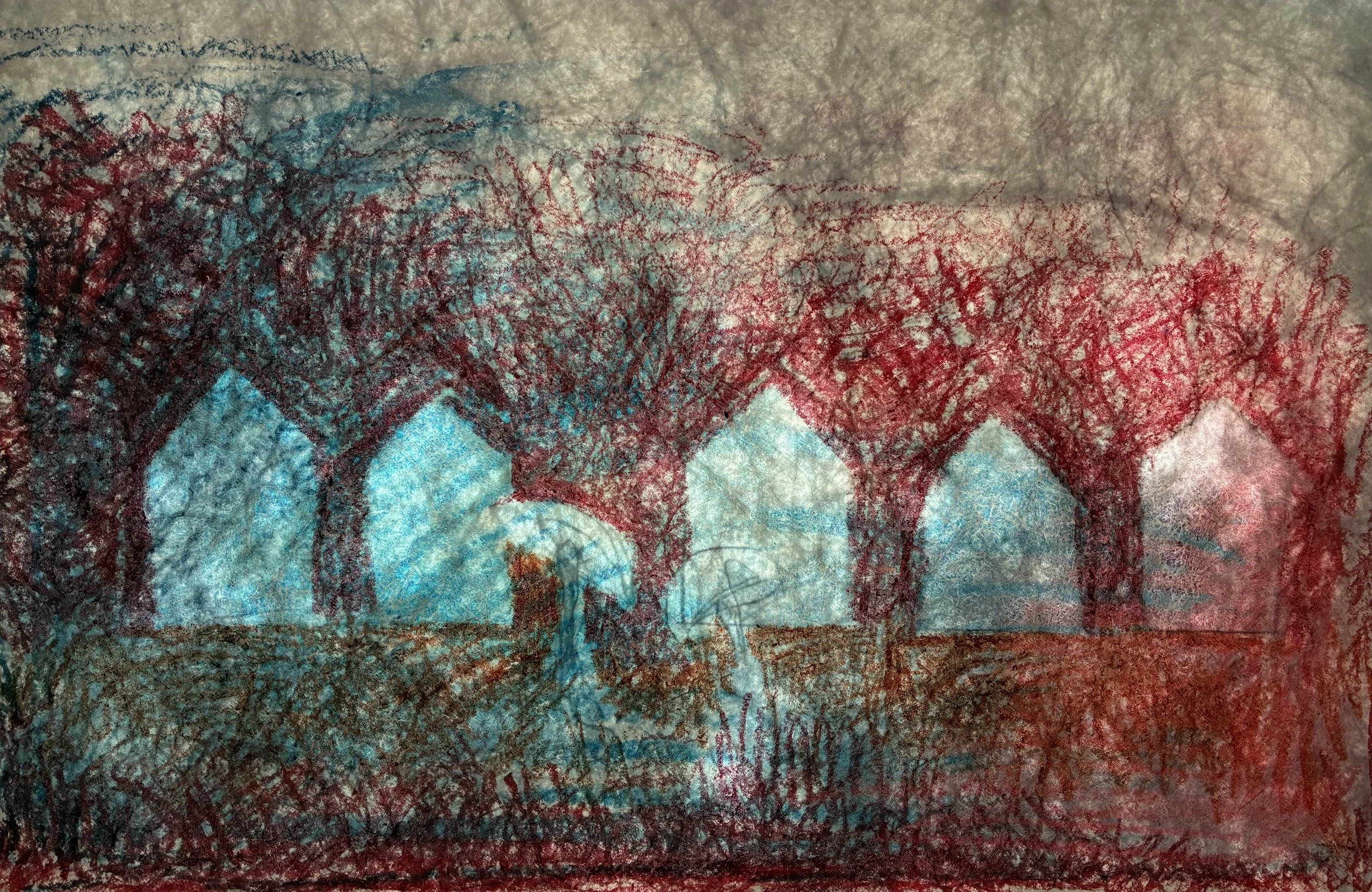  Mushroom Houses , 2025. Tyvek, newsprint, olive oil, and olive oil on kitchen window.