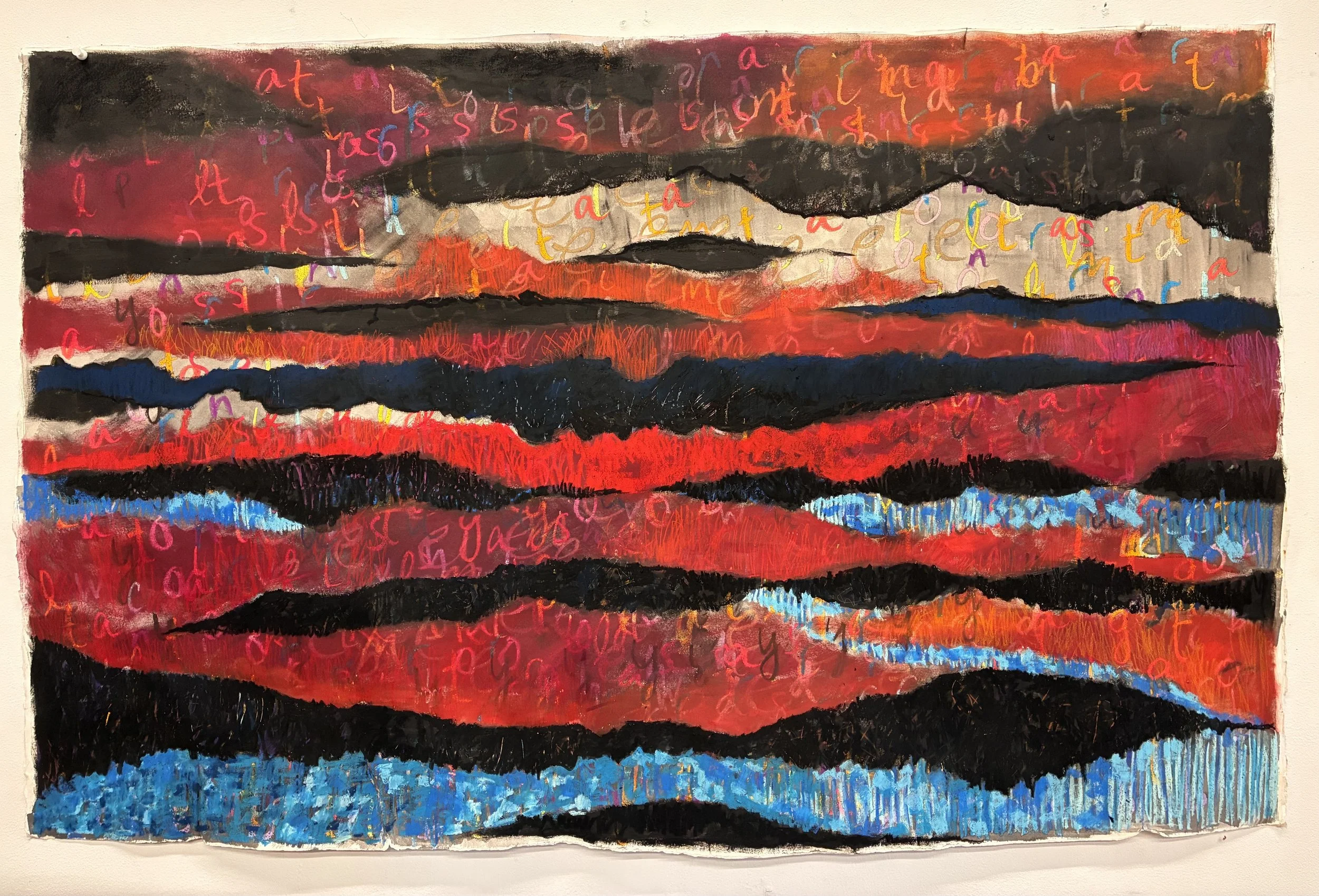  Rumblings , 2026. Oil pastel and oil on Arches paper, 26" x 42". Inspired by the poem "Shvilim" by Lishai Peel.