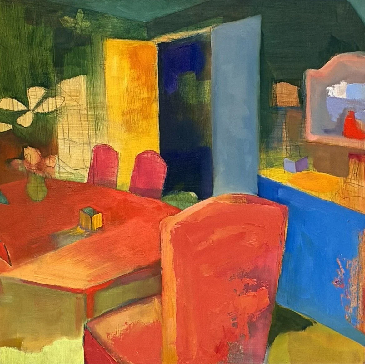  Pink Chairs , 2026. Oil on panel, 12" x 12".