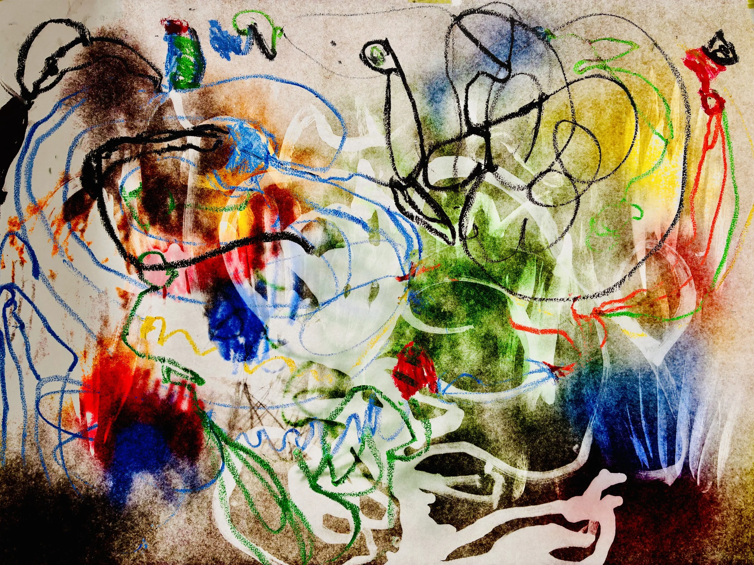  Window Collab , 2026. Made in collaboration with AAC. Digital photograph created with olive oil, pastel, marker, and window light.