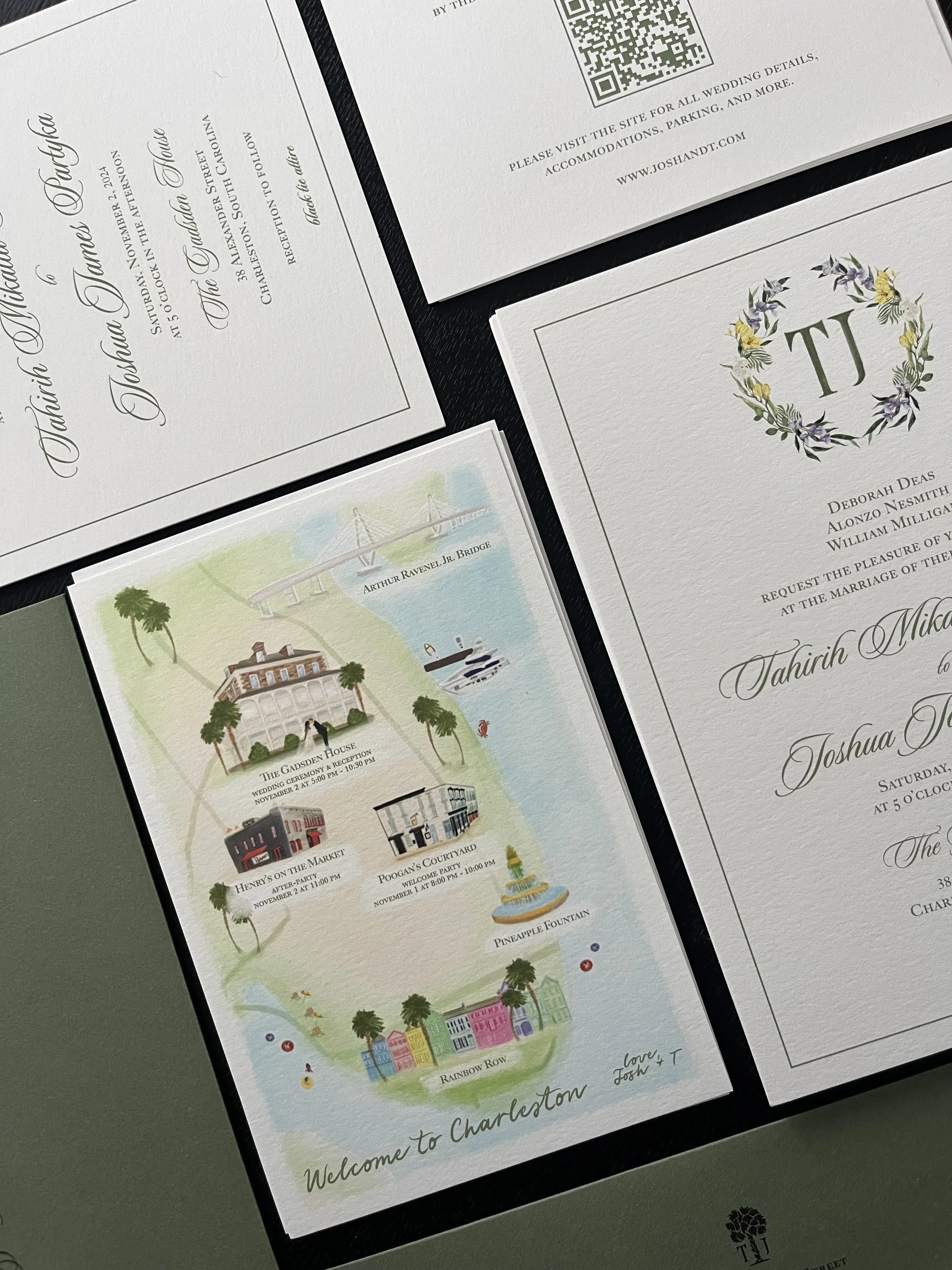 Set of wedding invitations and a map of Charleston, South Carolina, showing key locations such as Gadsden House, Henry's on the Market, Poogan's Courtyard, Pineapple Fountain, and Rainbow Row, with a background of water and a bridge.