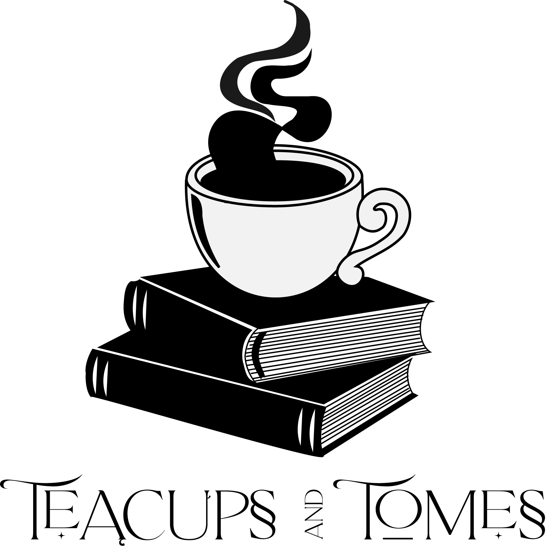 Black and white illustration of a cup of coffee with steam, along with two books stacked underneath.