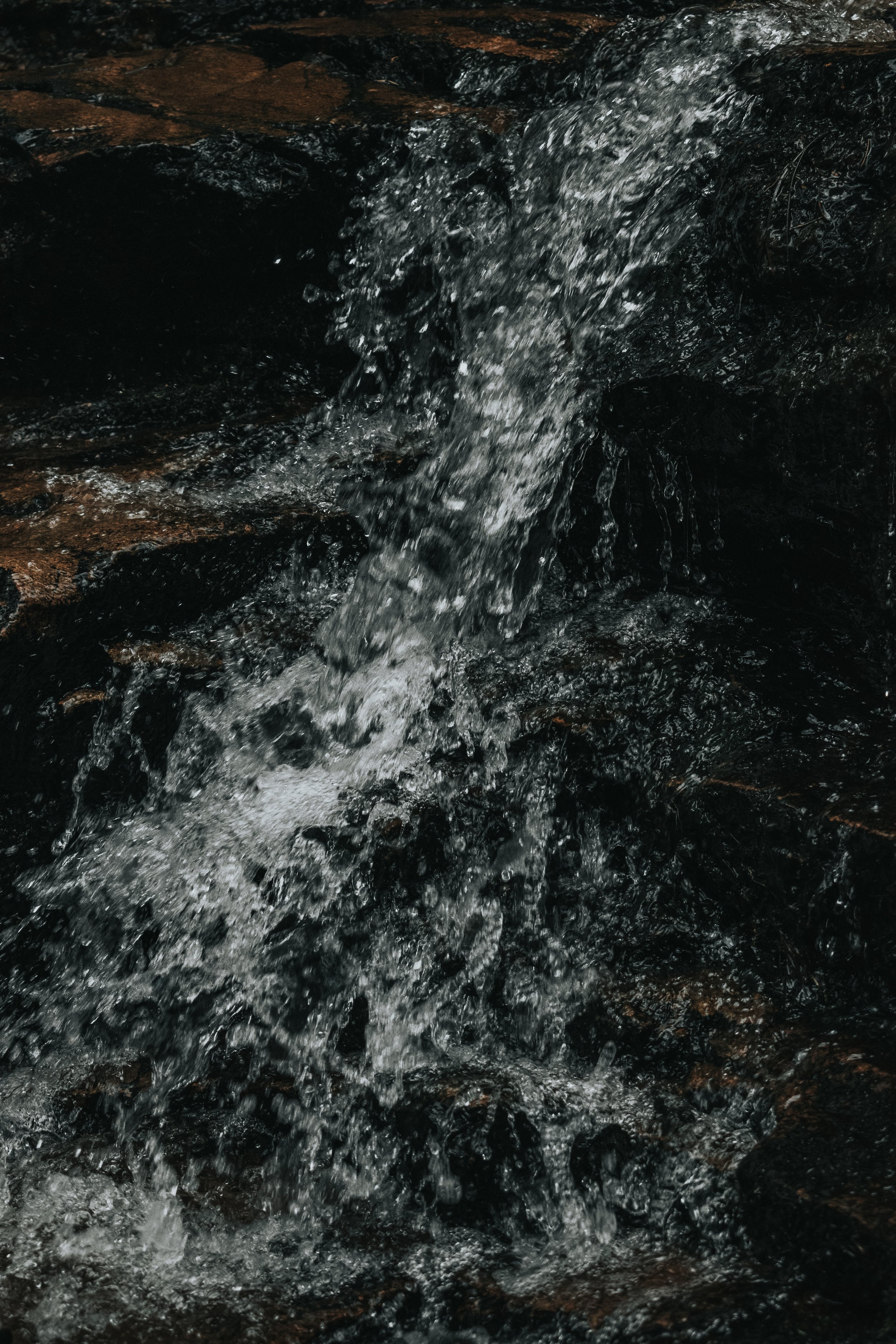 Close-up of water flowing over dark rocks in a stream.