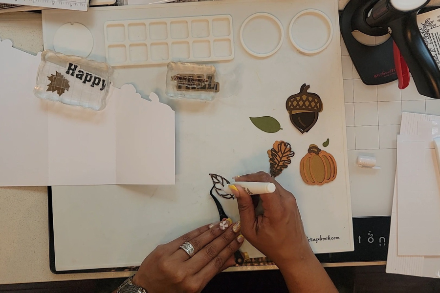 Happy Fall card.gluing leaf outline.png