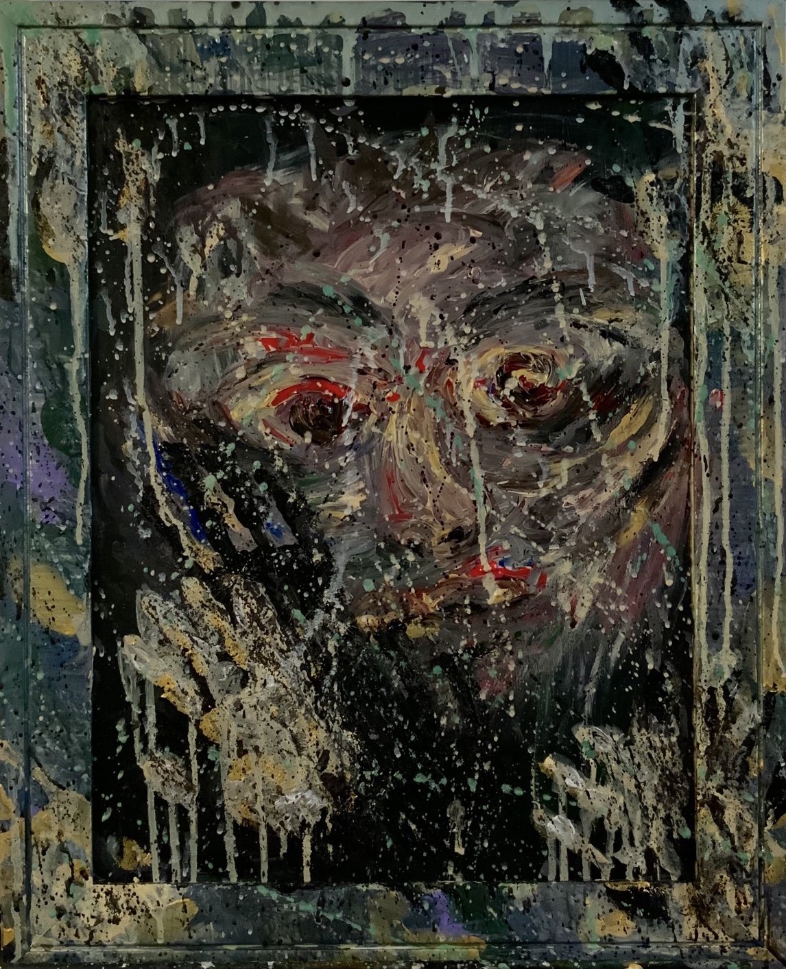 Self-portrait, Height: 54.5 cm x width: 44.5 cm, Acrylic paint and ink on frame, 2021.