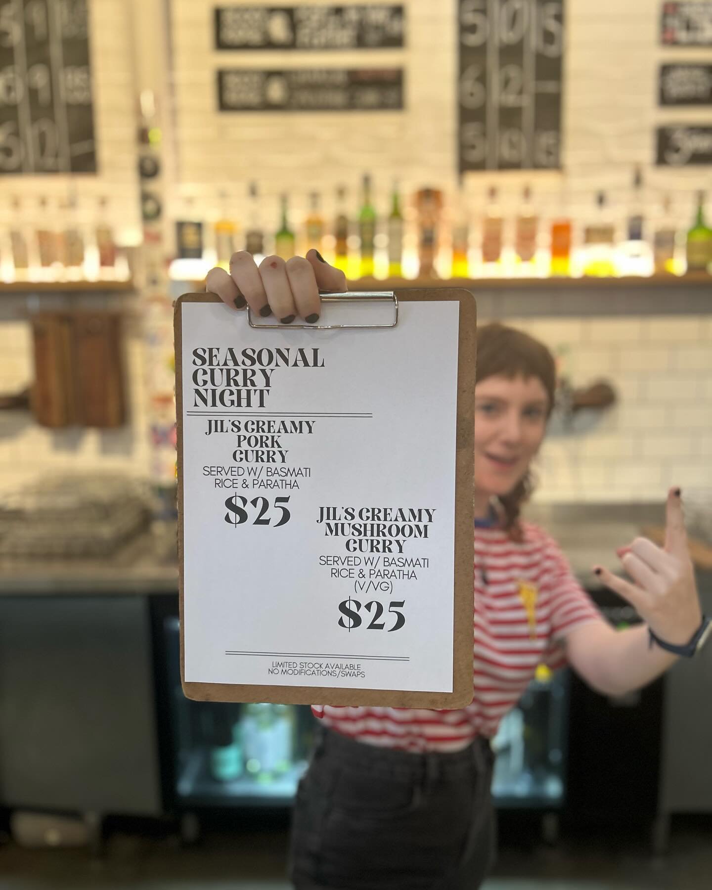Bartender Liz is super keen for Chef Jil&rsquo;s Cult Fave Curry Night! Swipe across to see the Vegan Mushroom Curry

Available every Thursday, we will always have a Meat Option and a Vegan Option 🔥Limited Portions Available

Just a couple tables le