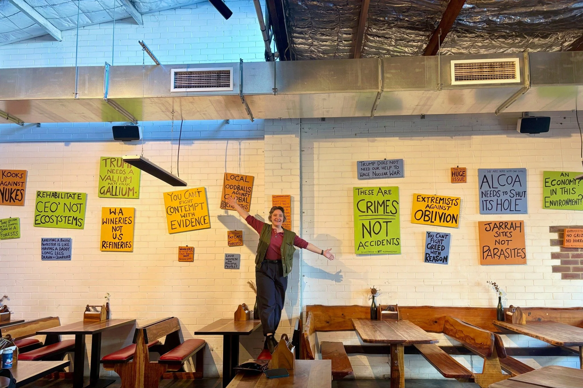 Thank you to the amazing Laura Davis for this awesome display. 

🍻 I hope that this will get the community talking! With a beer in hand of course. 🍻 

@seasonalbrewingco @lauradaviscomic 

Laura explains her work:

PROTEST SIGNS DIRECT 2 YOU is a l