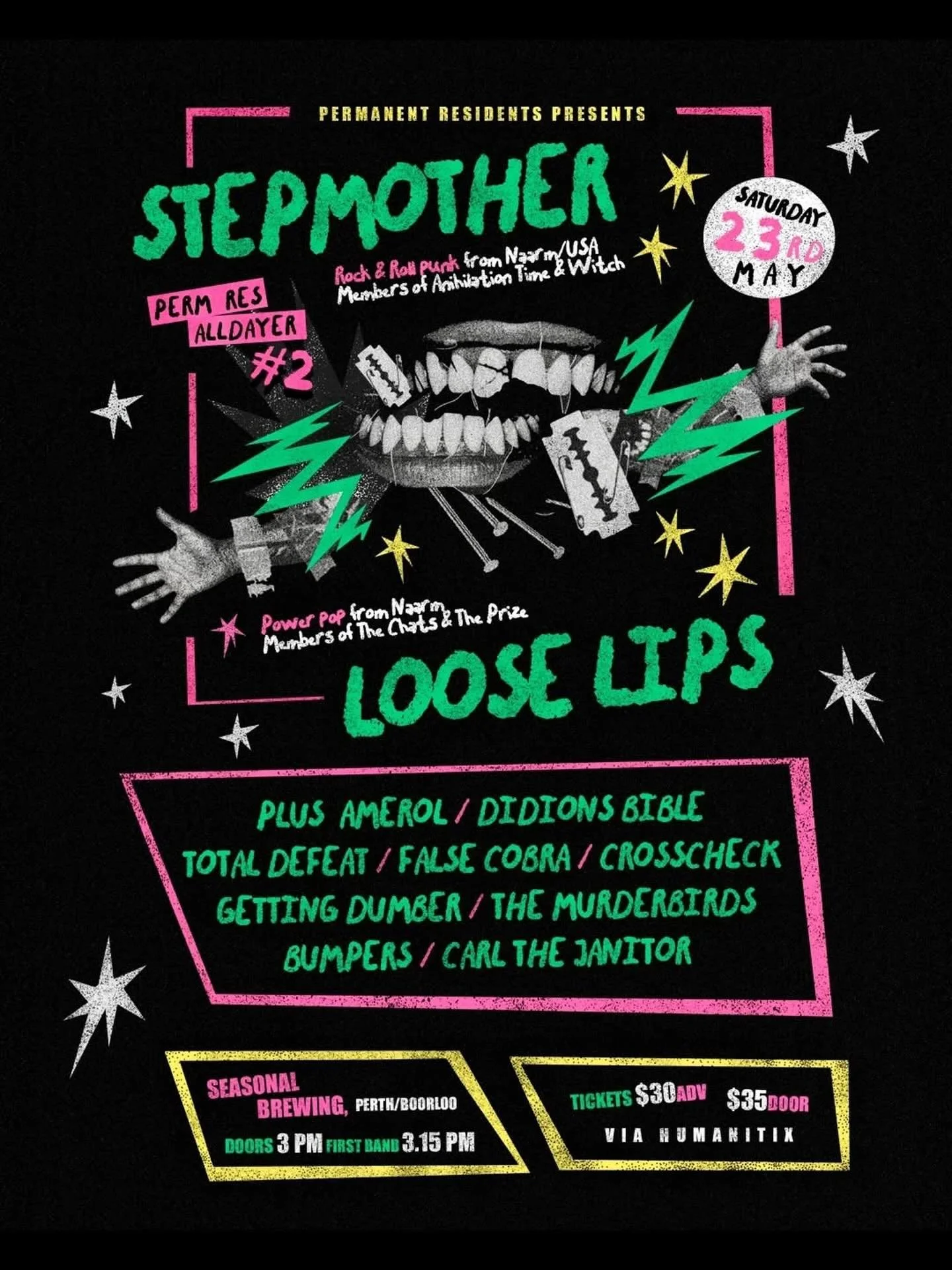 THIS SATURDAY AT SEASONAL ‼️ 

@perm.res ALL DAYER 🤯

STEPMOTHER @thee_stepmother 

ROCK &amp; ROLL PUNK FROM NAARM/USA MEMBERS OF ANIHILATION TIME &amp; WITCH

LOOSE LIPS @stay_looselips 

POWER POP FROM NAARM MEMBERS OF THE CHATS &amp; THE PRIZE

