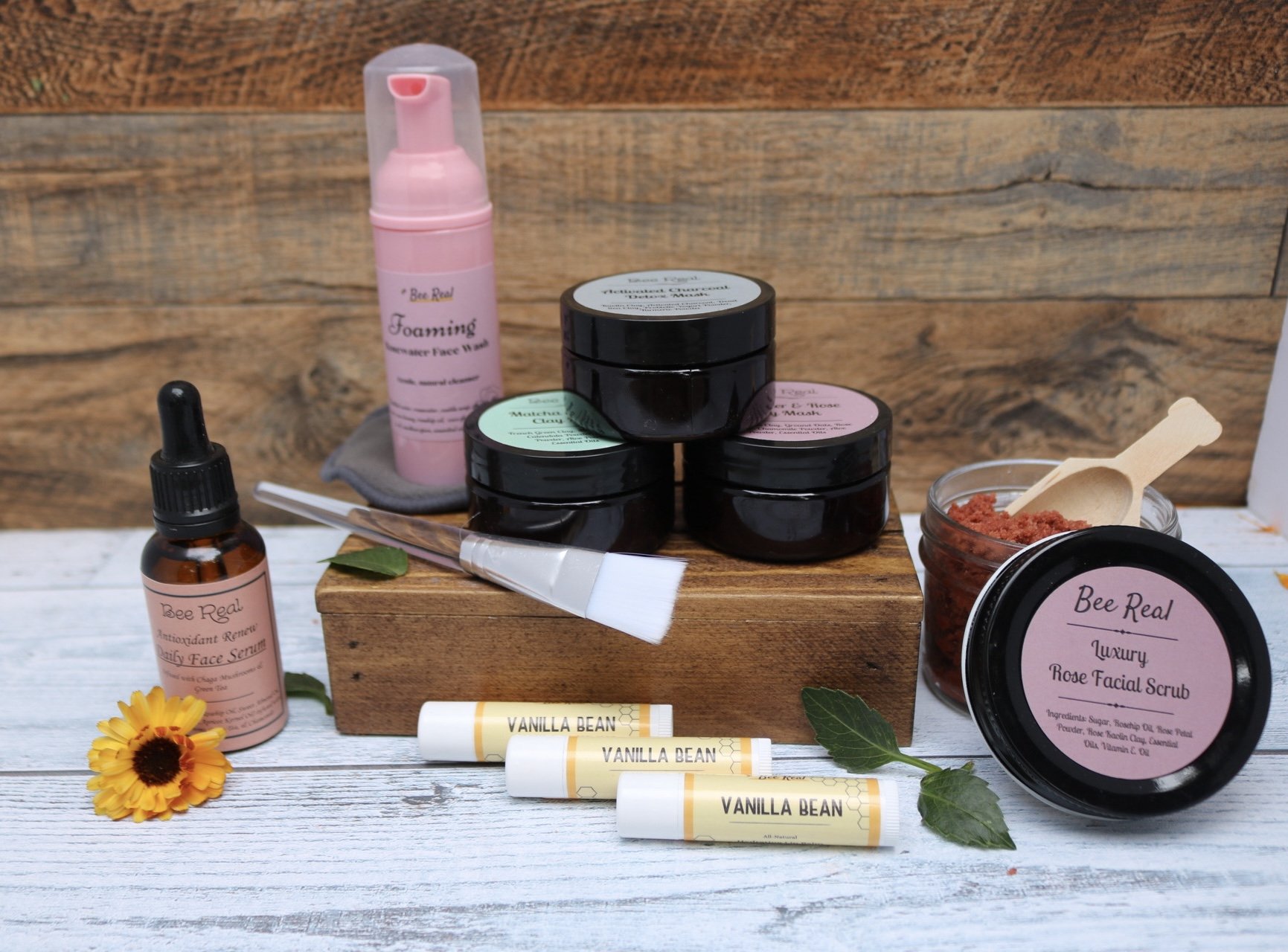 Complete Natural Skincare Set - Lip Balm, Clay Masks, Face Serum, Face Wash, Luxury Rose Scrub
