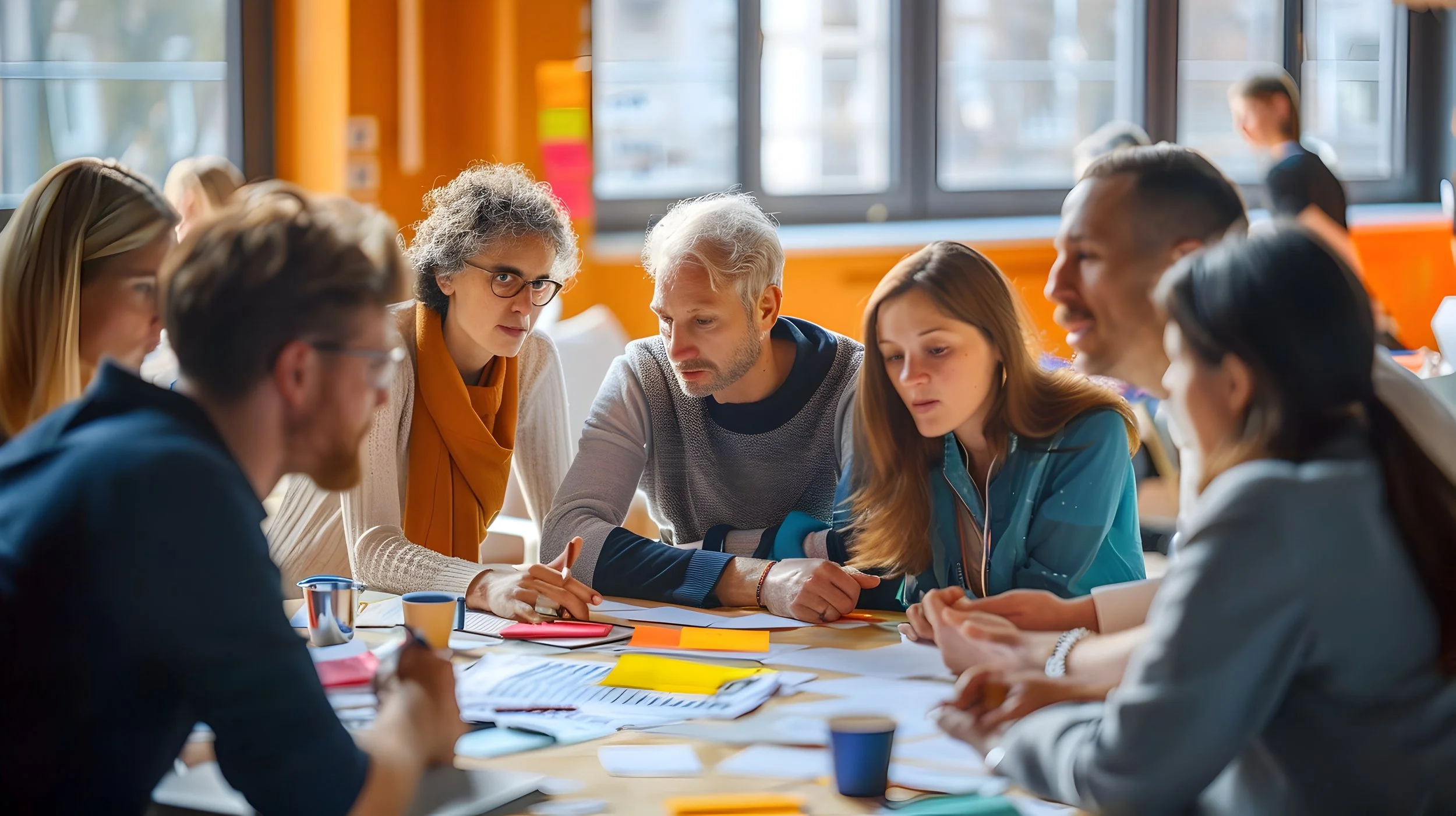 Group of diverse people gathered around a table in a well-lit room, engaged in a serious discussion or meeting. Some are taking notes, others are listening attentively.