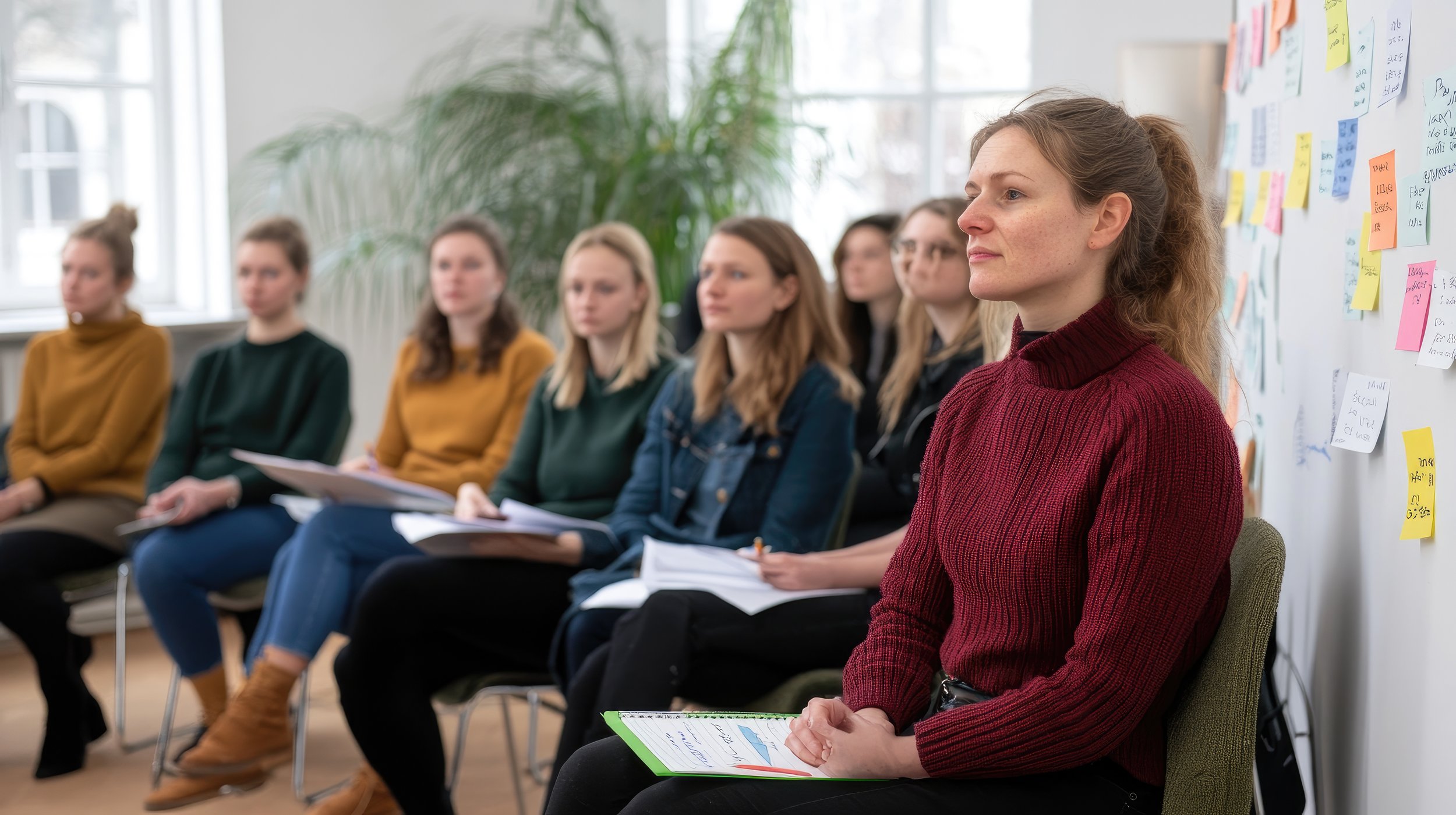 diverse young women sitting attending a presentation with notes on their laps