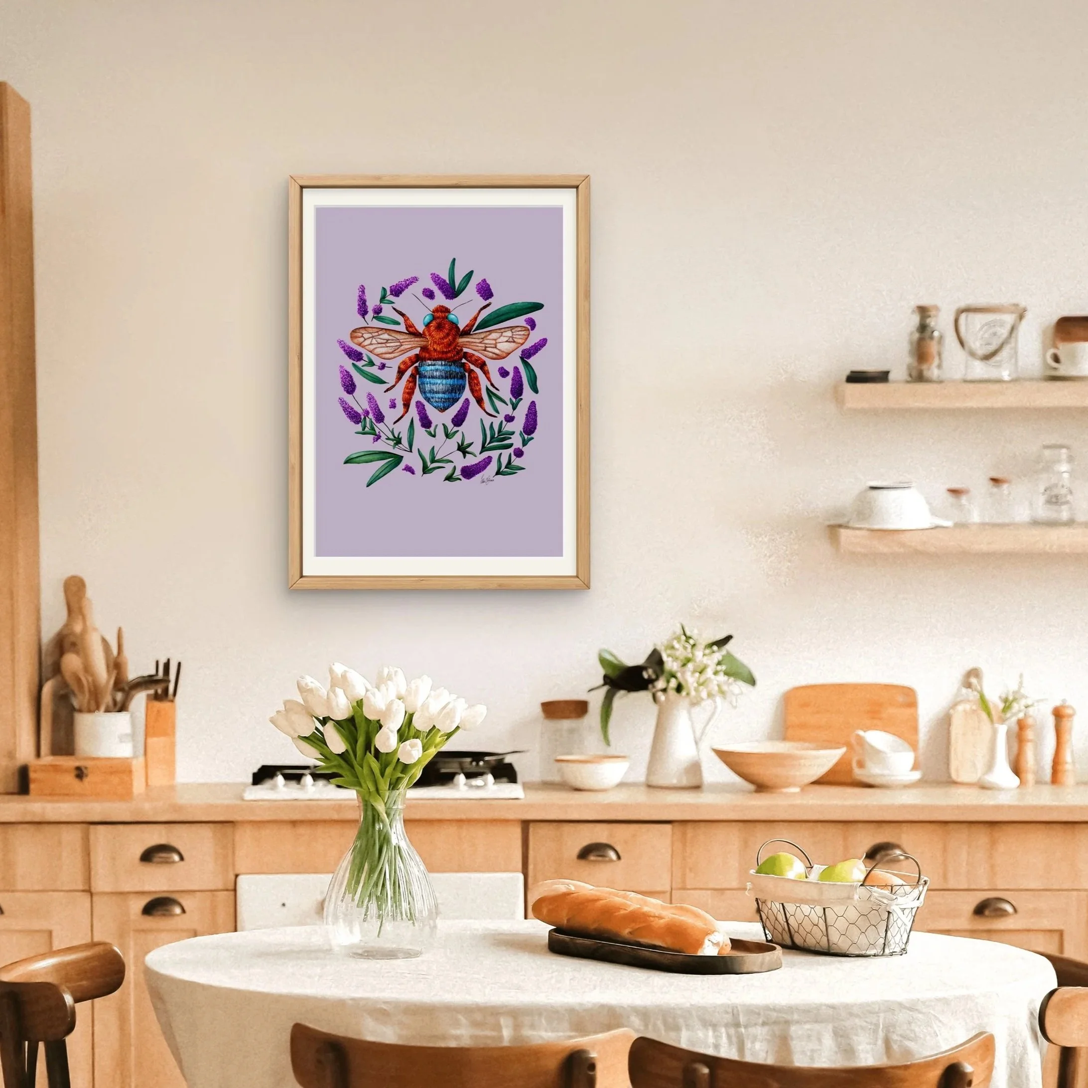 Framed detailed illustration of a bee surrounded by lavender flowers and green leaves on a soft lavender background.