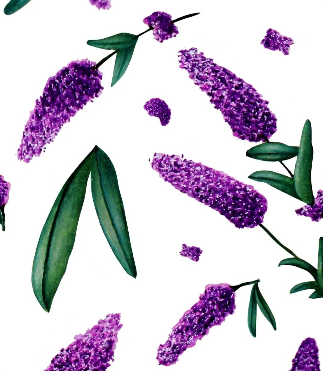 Close up of hand-painted lavender artwork showing purple flower spikes and green leaves scattered across a soft cream background.