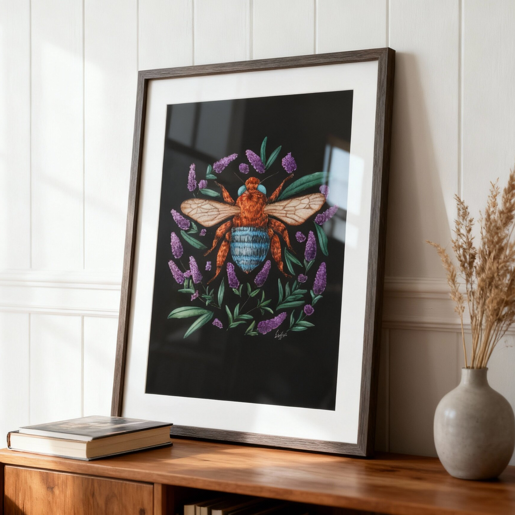 Lavender Bee on Black – Fine Art Print