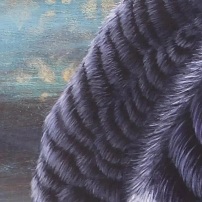 Close up of Painting of an Australian magpie with detailed black and white feathers, head raised as if calling, set against a textured blue and gold patterned background.