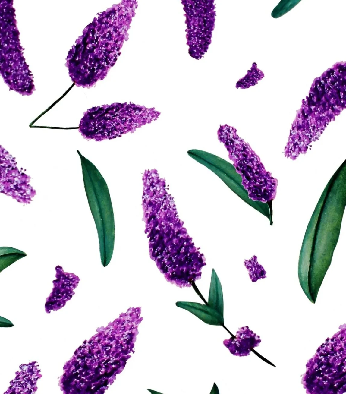 Close up of hand-painted lavender artwork showing purple flower spikes and green leaves scattered across a soft cream background.