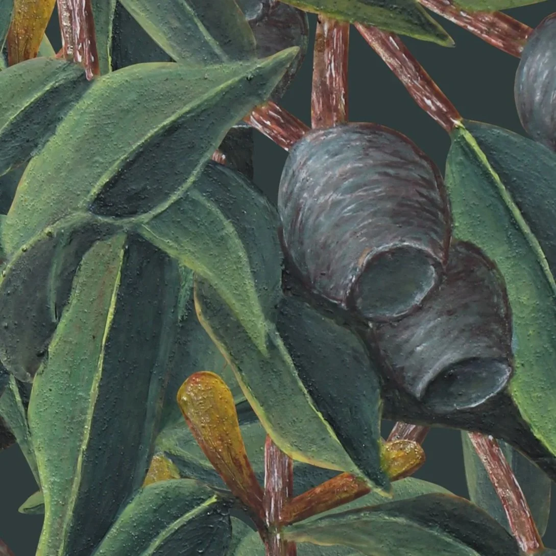 Detail shot of botanical illustration of eucalyptus leaves and gumnuts arranged in a repeating pattern on a deep emerald, green background.