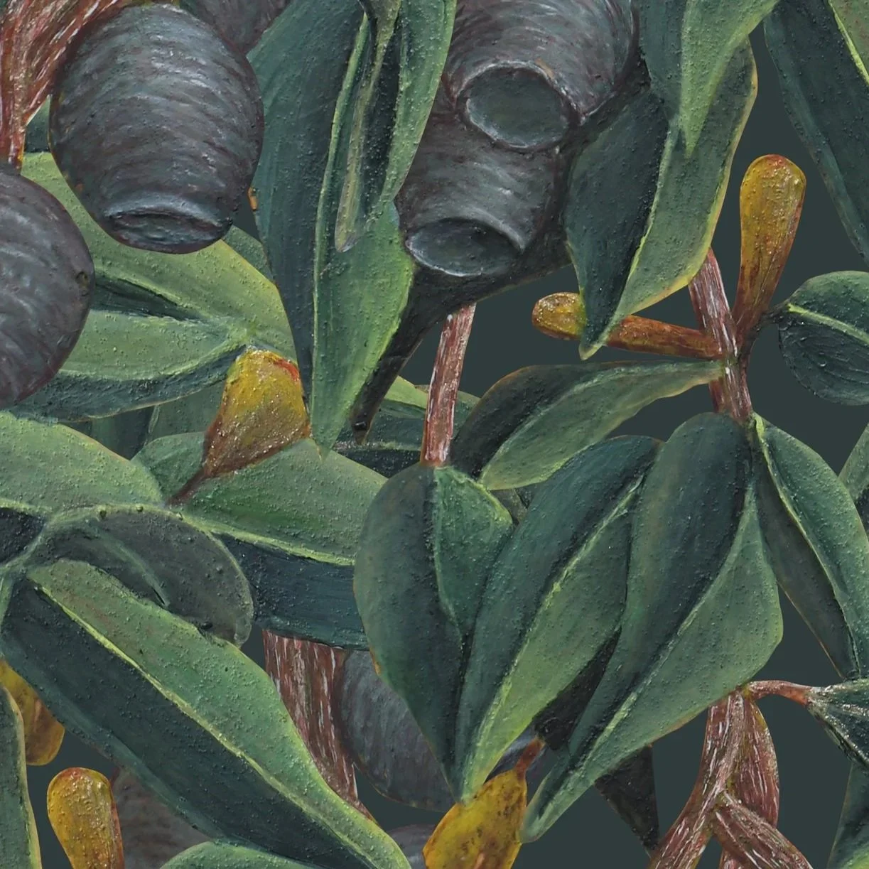 Detail shot of botanical illustration of eucalyptus leaves and gumnuts arranged in a repeating pattern on a deep emerald, green background.