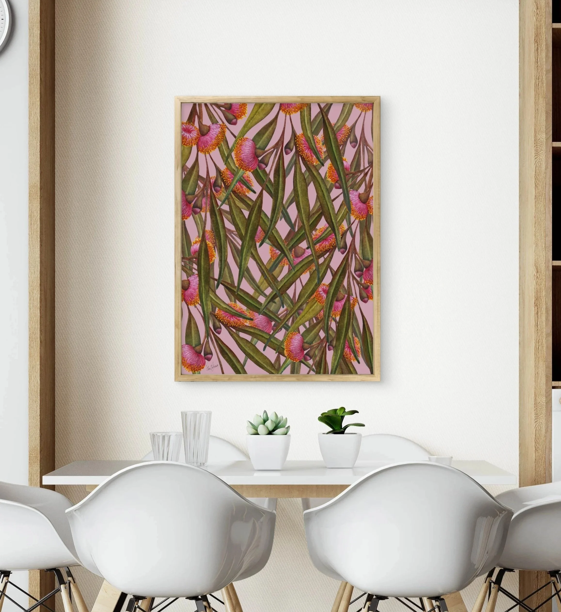 Framed hand-painted Australian flowering gum artwork featuring pink blossoms and eucalyptus leaves arranged in a seamless botanical pattern.