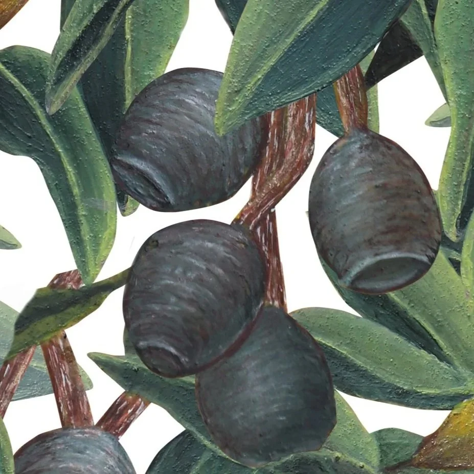 Close up of botanical illustration of eucalyptus leaves and gumnuts arranged in a foliage pattern.
