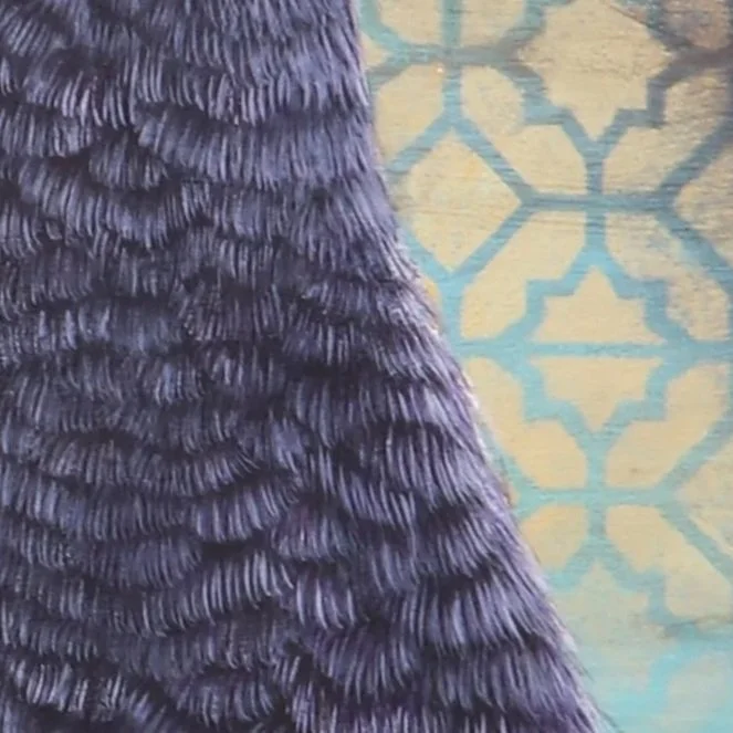 Close up of Painting of an Australian magpie with detailed black and white feathers, head raised as if calling, set against a textured blue and gold patterned background.